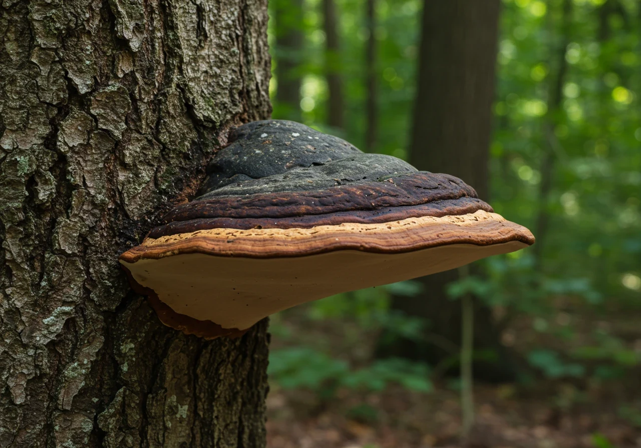 An image capturing a distinct, woody fungal conk (shelf fungus) growing horizontally out from the side of a tree trunk. The focus should be on the structure and appearance of the conk, clearly illustrating this sign of internal decay.