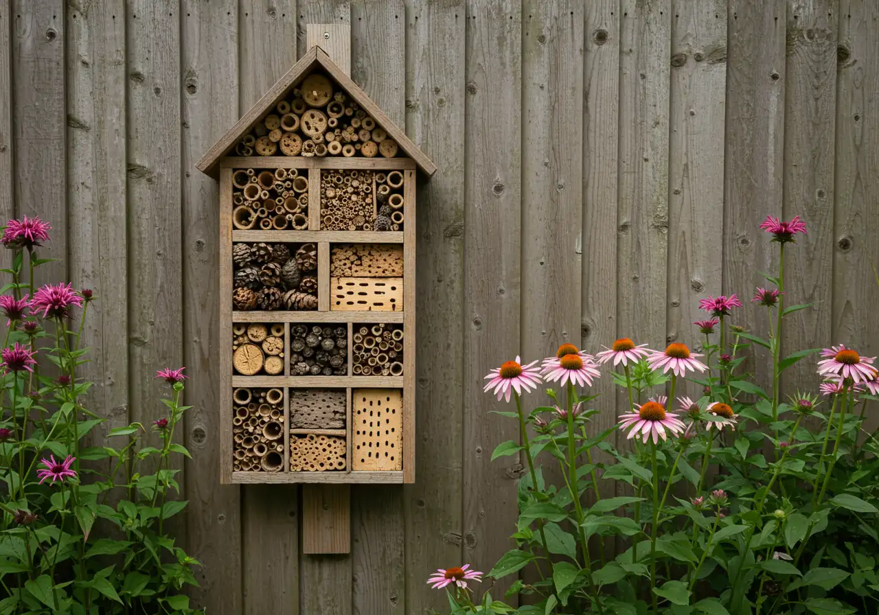 A well-placed, completed insect hotel mounted on a garden fence or shed wall. It should show various compartments filled with natural materials (bamboo, drilled wood, pinecones) and be situated near flowering plants, catching gentle morning sunlight to illustrate the 'Location, Location, Location' advice.