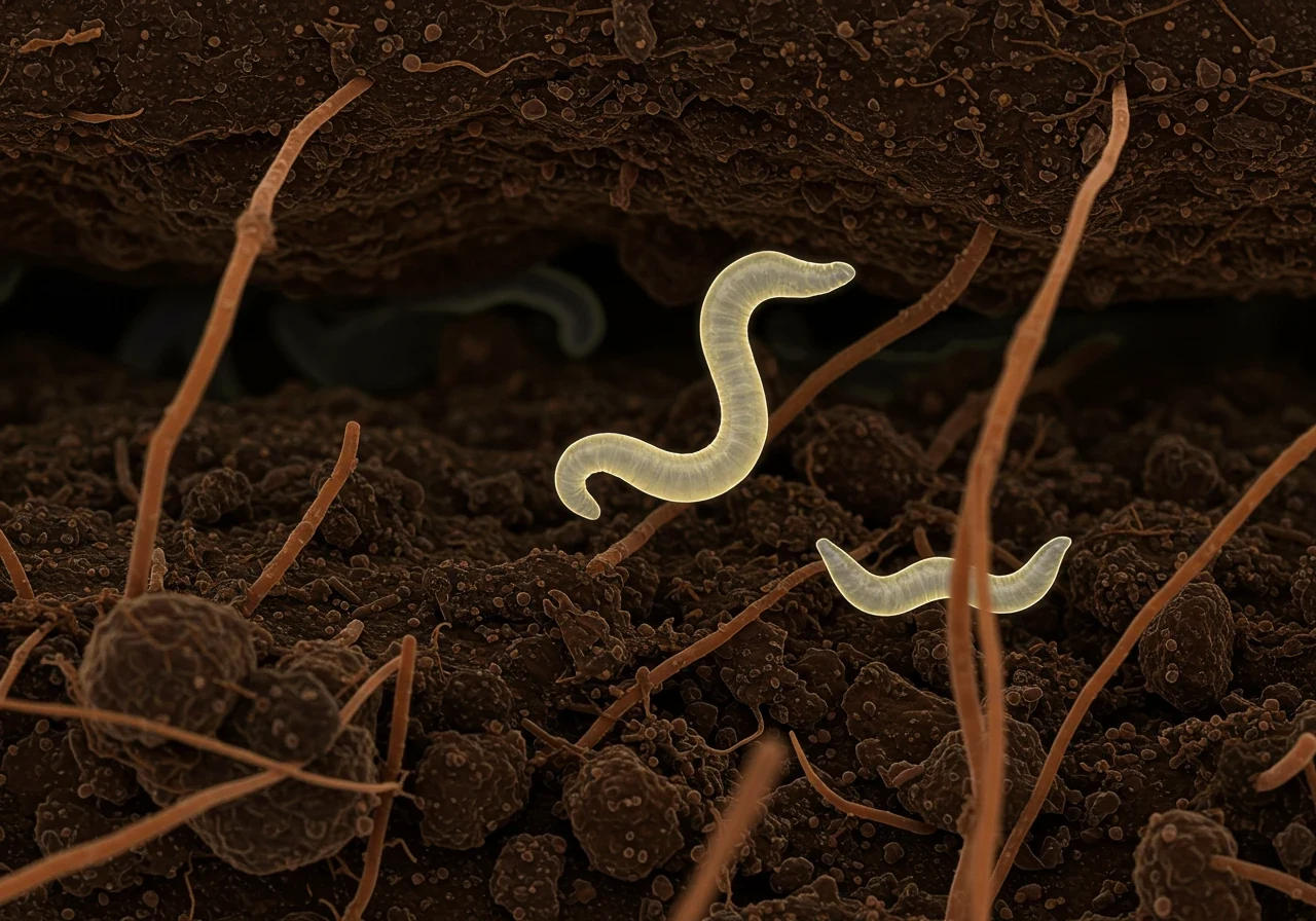 A highly magnified, realistic microscopic view of beneficial nematodes. These should appear as simple, translucent, unsegmented roundworms moving between dark brown soil particles and tiny plant root hairs. The image should clearly convey their microscopic nature without looking cartoony.