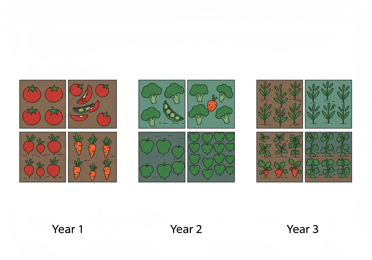A clean, stylized digital illustration or diagram visually representing the 4-bed rotation example over 2-3 years. It should use simple icons (like a tomato icon, bean icon, broccoli icon, carrot icon) or distinct color blocks within squares representing the beds to show how the different crop families move each year. No text labels needed, the visual movement should convey the concept.
