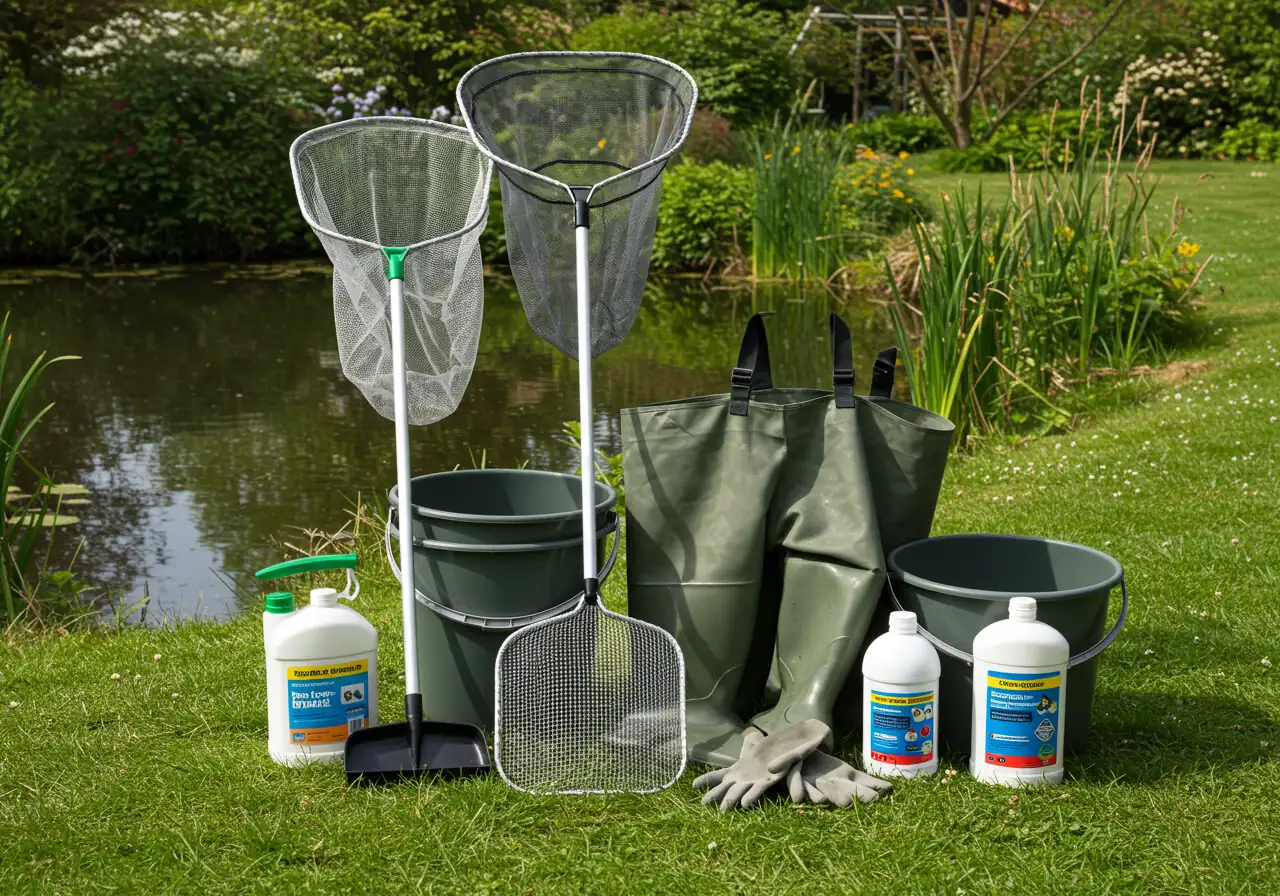 A collection of essential pond cleaning tools laid out neatly on a clean patch of lawn or patio adjacent to a pond. Includes a long-handled skimmer net, a heavy-duty sludge net, clean rubber waders (empty), several sturdy buckets, waterproof gloves, and a clearly labelled (non-branded) bottle of pond dechlorinator. Focus on the tools themselves.