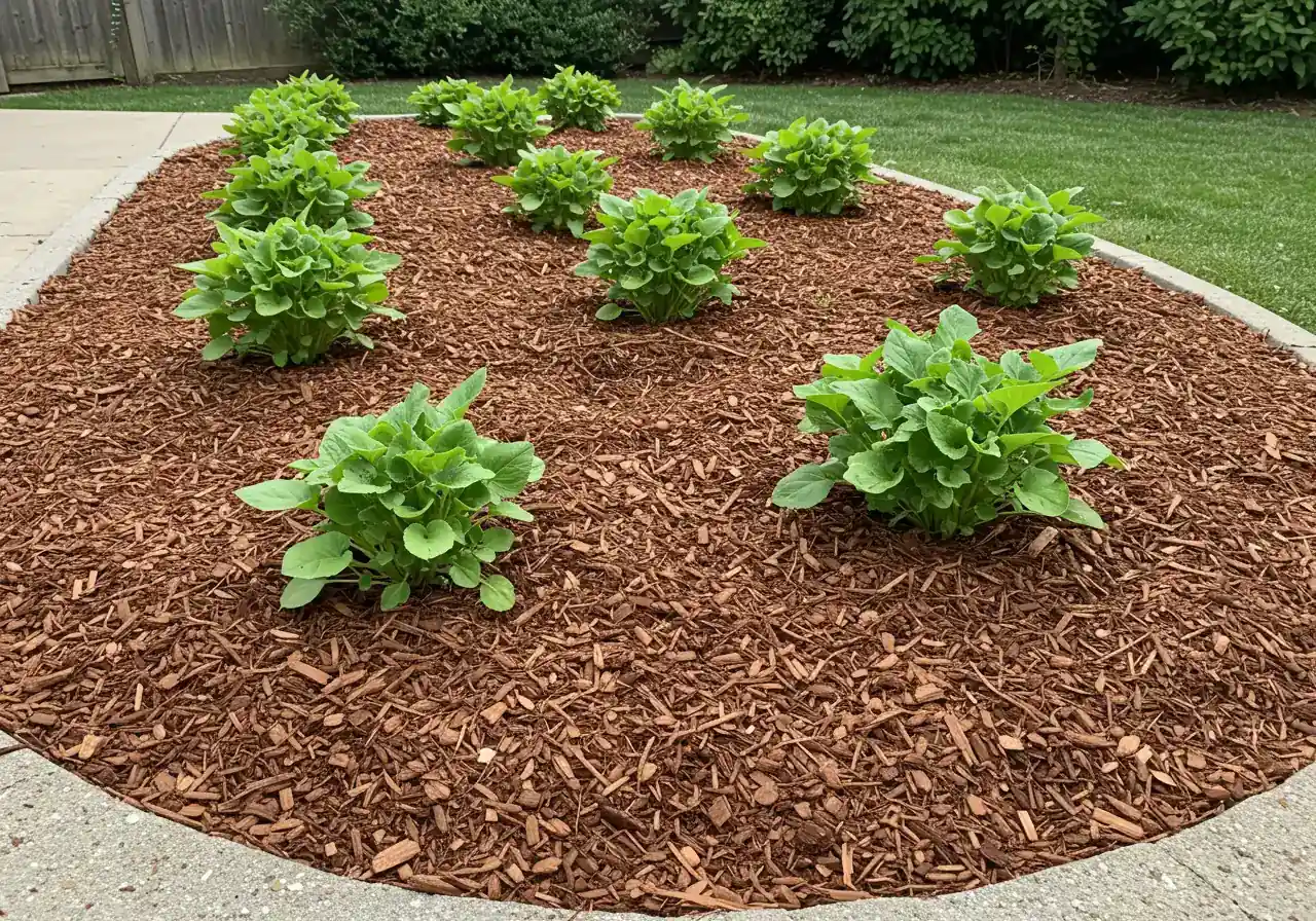 A photograph illustrating the concept of mulch as a weed deterrent. Show a neat garden bed with healthy perennials or shrubs, where the soil surface is completely covered by a thick, even layer of natural wood chip mulch. The image should look tidy and showcase effective ground cover.