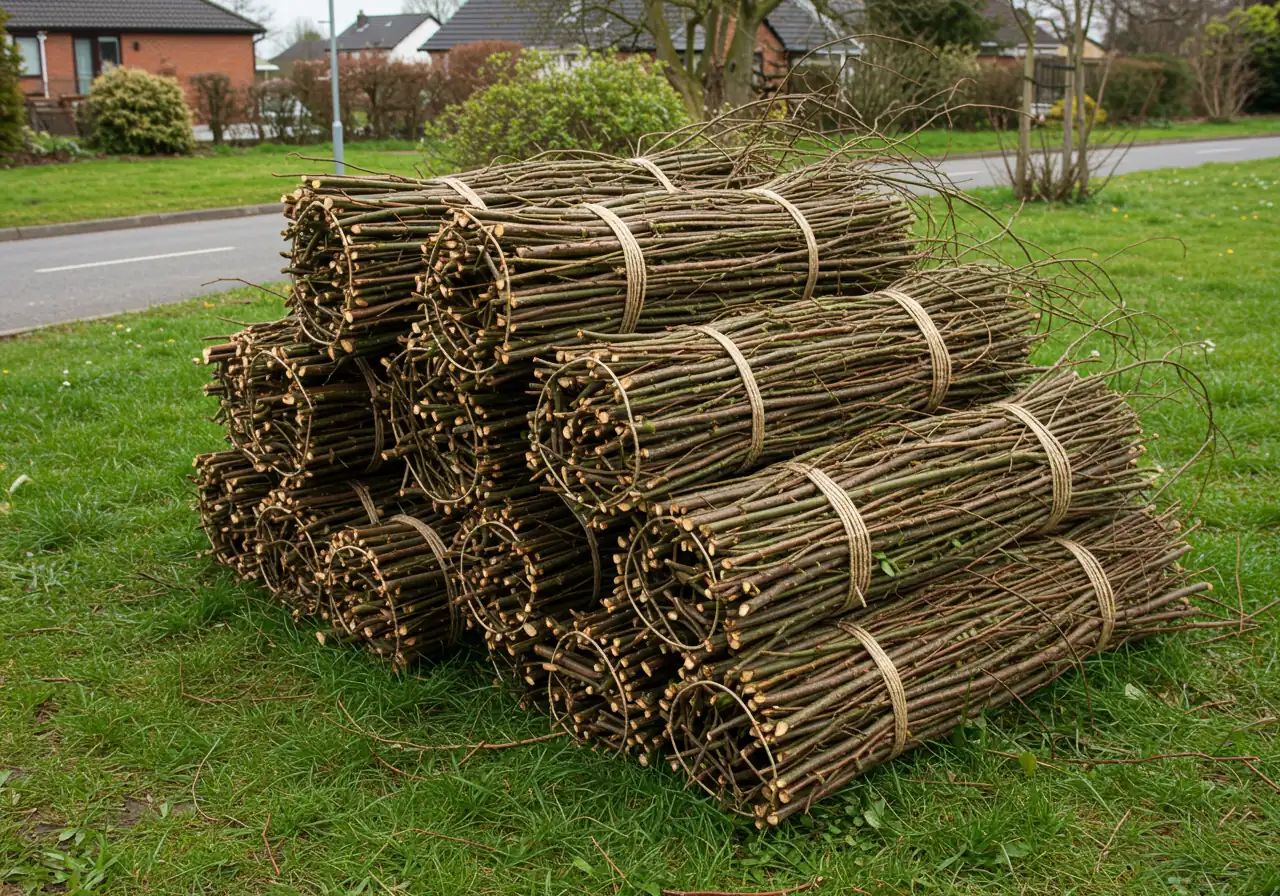 A clear photograph showing several neatly bundled piles of pruned branches resting on a lawn or driveway near the curb. The branches are tied securely with natural twine, conforming to typical municipal size regulations (e.g., under 3-4 feet long, manageable width). The image emphasizes responsible and tidy disposal preparation for yard waste collection. No bins or people visible, just the bundles.