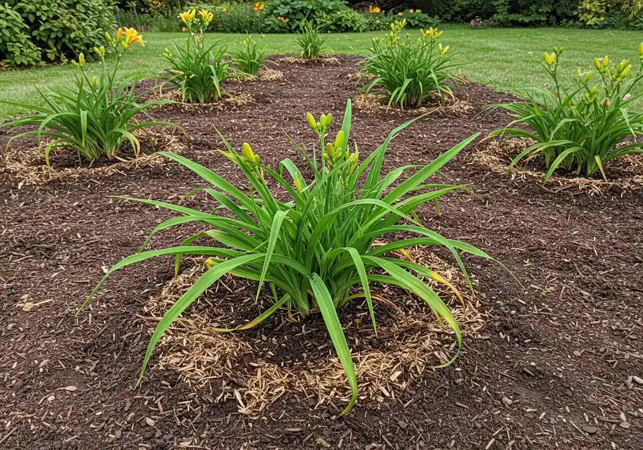 An image showing several newly planted daylily divisions spaced appropriately in a prepared garden bed. Each division should have trimmed foliage (about 6-8 inches) and be planted at the correct depth in dark, amended soil. A layer of shredded leaf or bark mulch is visible around the base of the plants, but pulled back slightly from the crown.