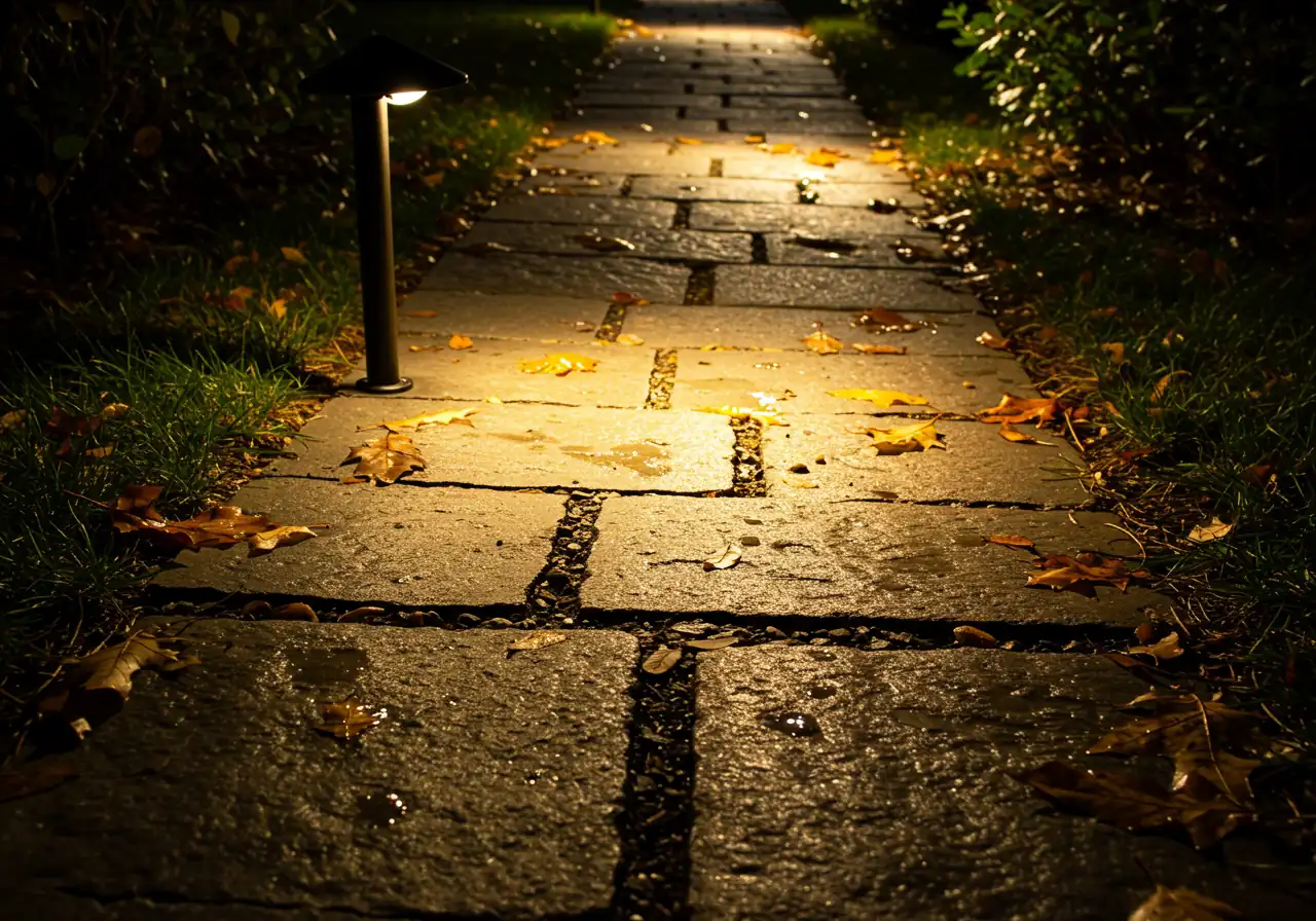 A nighttime close-up photograph focusing on a section of a flagstone walkway. The path is clearly illuminated from the side by a low-profile path light (fixture partially visible at edge of frame), casting warm light directly onto the walking surface. The light reveals the slightly uneven texture of the stones and a few scattered damp autumn leaves, highlighting potential slip hazards and demonstrating how proper lighting ensures safe footing. The surrounding area fades into soft darkness, emphasizing the illuminated safety zone.