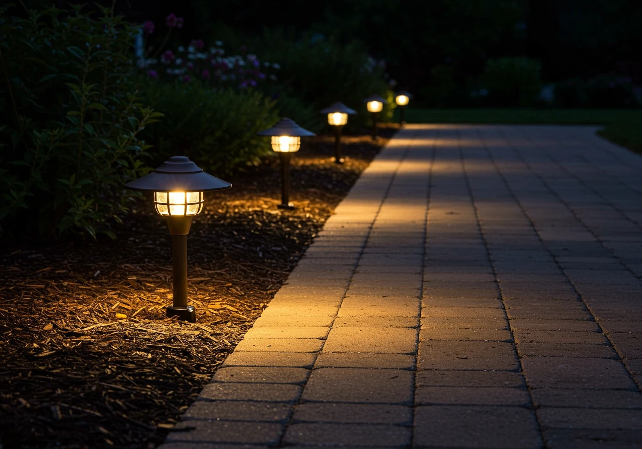 A nighttime photograph showcasing a segment of a paver walkway lined with classic 'hat' or 'mushroom' style path lights. The fixtures are made of dark metal (bronze or black) and stand about 18 inches tall, spaced approximately 8 feet apart along one edge of the path bordering a mulched garden bed. Each fixture directs a distinct pool of warm, downward-focused light onto the pavers, effectively illuminating the walking area without upward glare. The image clearly exemplifies this popular fixture style and its lighting pattern.