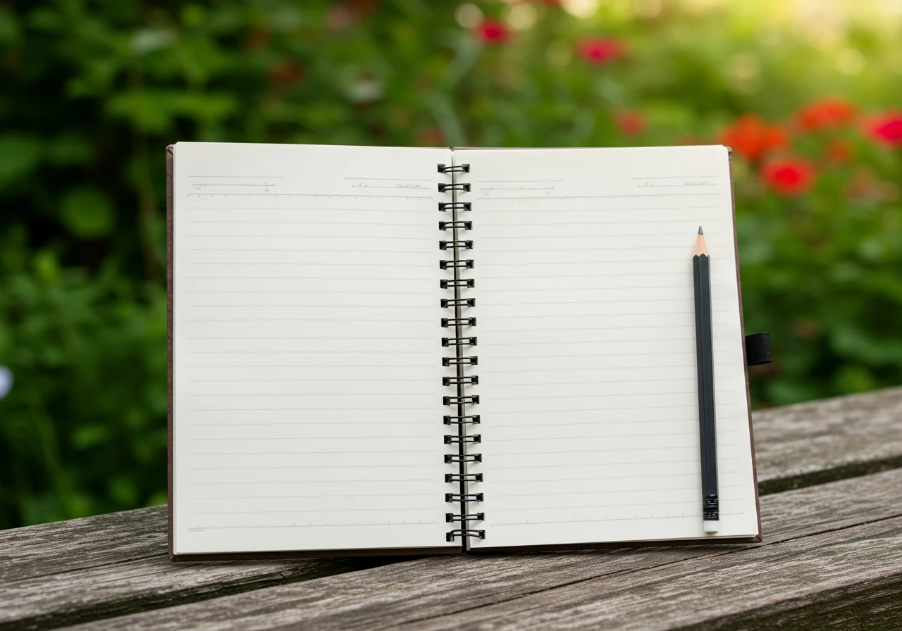An open, simple notebook and pencil resting on a rustic wooden garden table or bench. The background should be a slightly blurred garden scene with green foliage and perhaps a few colourful flowers, suggesting the log is kept handy while gardening. The notebook should be blank or have generic lines, conveying ease and simplicity.