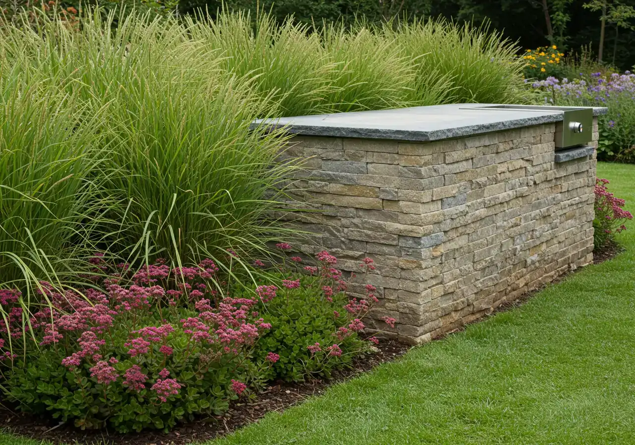 A detailed view focusing on the harmonious integration of an outdoor kitchen structure with surrounding softscaping. The image shows the base of a stone kitchen island adjacent to a flourishing garden bed. Hardy ornamental grasses (like Feather Reed Grass) and low-growing, textured perennials (like Sedum 'Autumn Joy' or Hostas) are planted close to the stone, visually softening the hardscape lines and demonstrating thoughtful landscape design.