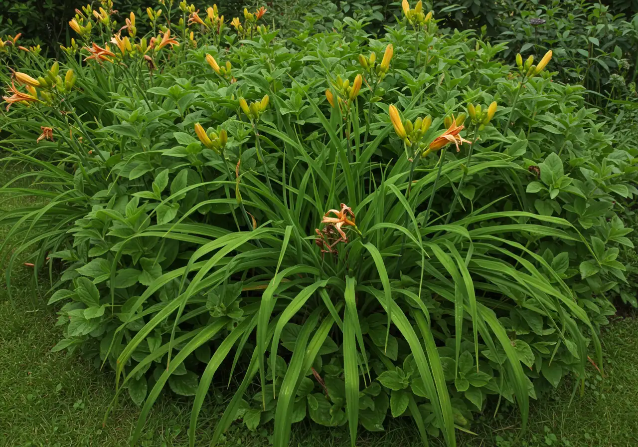 An image clearly showing an overcrowded daylily clump in a garden setting. The clump should look dense, perhaps spilling out of its designated space, with some browning or sparse foliage visible in the center (the 'donut effect'), illustrating the need for division.