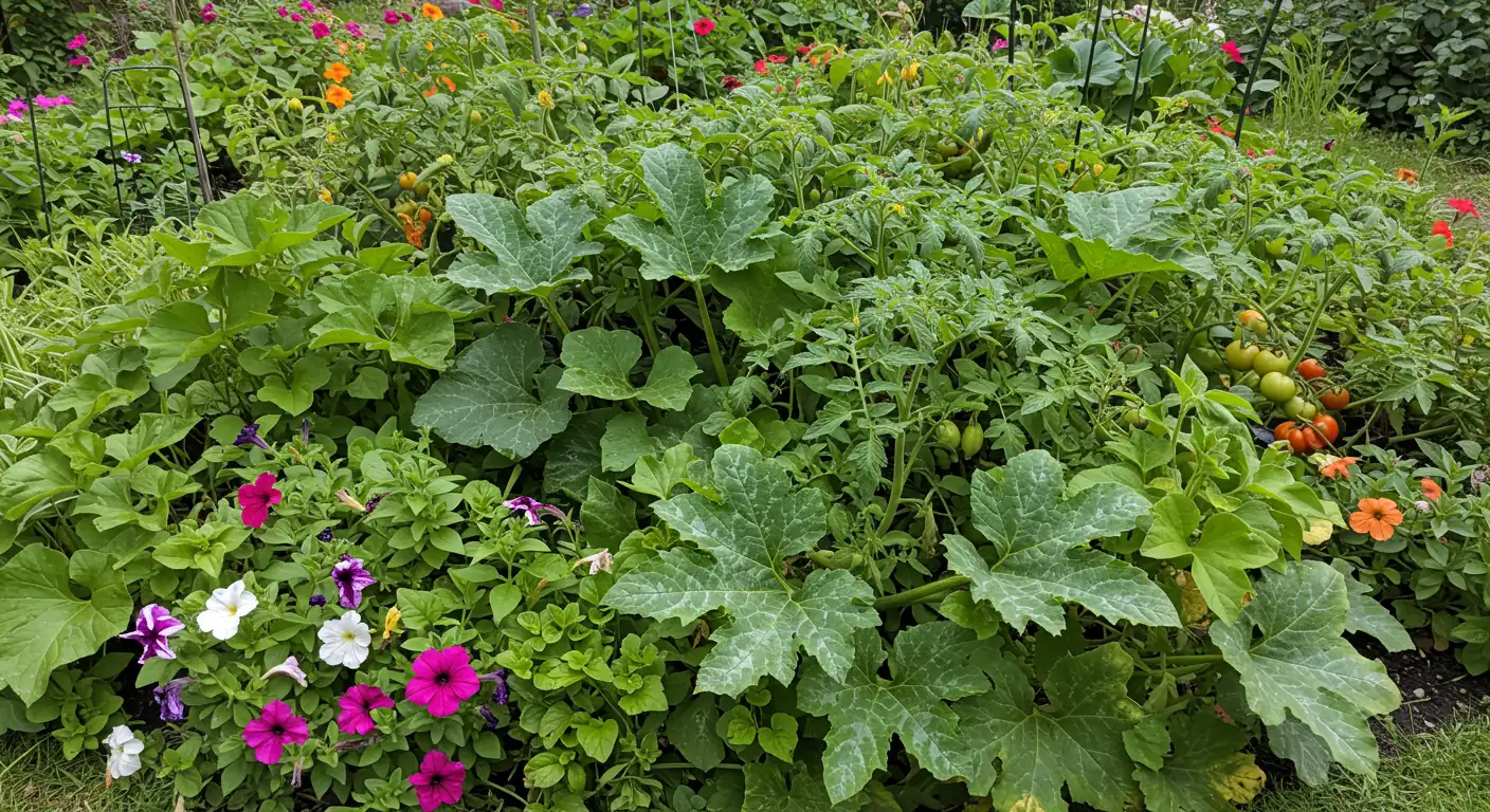 Visually represent the 'summer chaos' described. A slightly tangled but still vibrant mid-summer garden bed where different plants (e.g., tomatoes, zucchini, colourful flowers like petunias) are growing very close together, competing for light and space. Some lower leaves might look slightly stressed or yellowed due to lack of light/air. Should evoke a feeling of 'too much happening' in a small space.