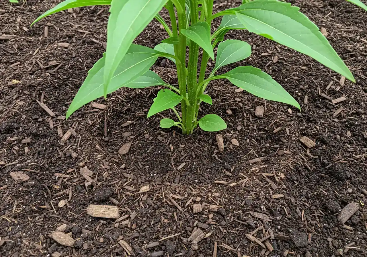 A clear illustration of the 'mulch donut' technique described in the article, showing mulch pulled away from the base of a plant stem to prevent rot and pests.