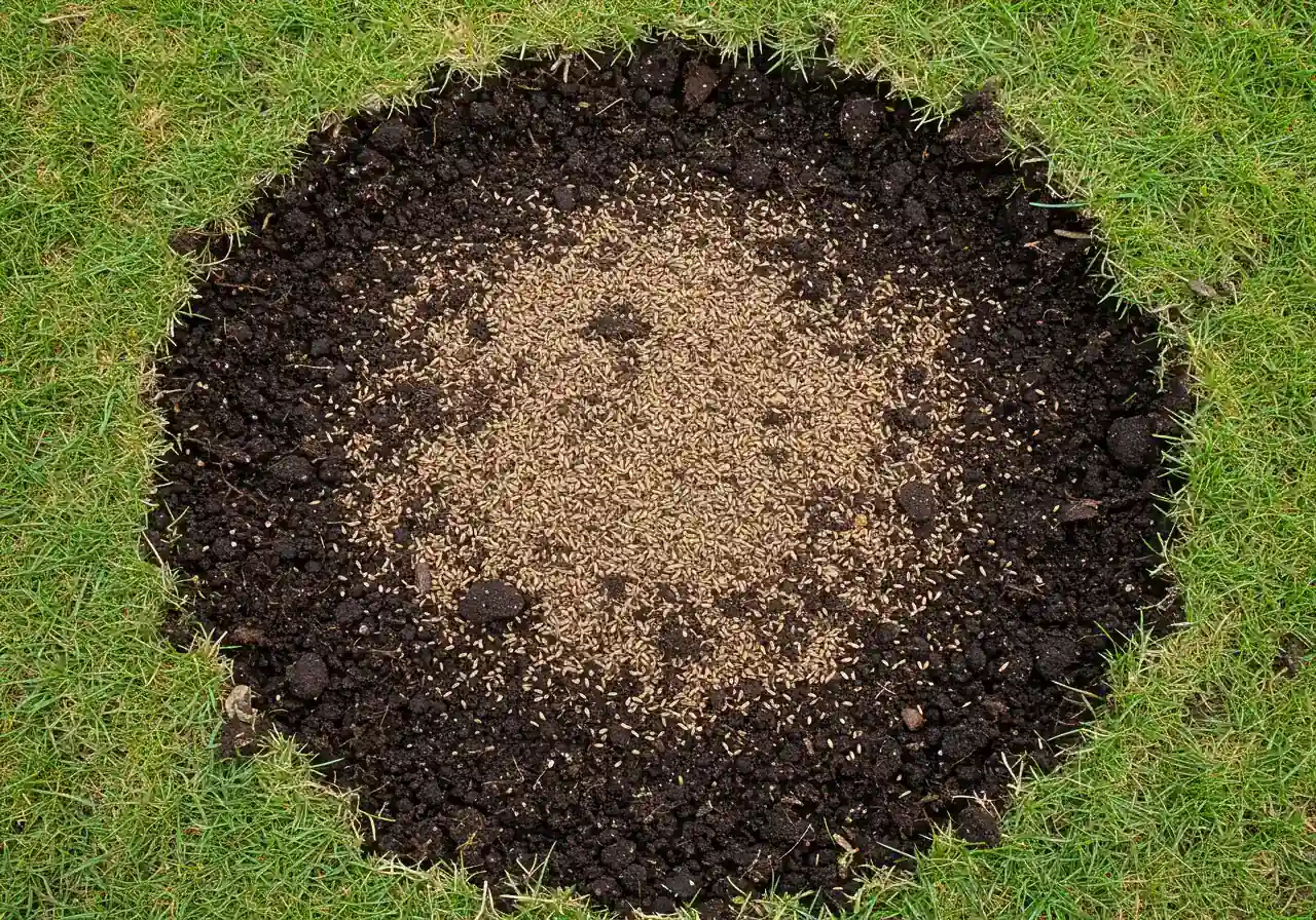 An illustrative photograph showing the process of lawn repair in a vole runway. It should depict a shallow runway lightly filled with dark topsoil and sprinkled with visible grass seed, ready for watering.