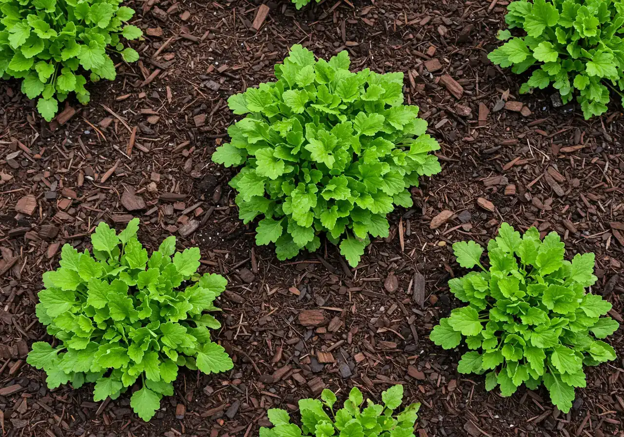 A visually appealing close-up shot looking down onto a garden bed. Healthy, green perennial plants (like Coral Bells or Ferns) are shown surrounded by a thick, even layer (approx. 2-3 inches) of dark brown, shredded wood bark mulch. The mulch covers the soil surface completely up to the base of the plants, illustrating effective mulching technique. The image should convey moisture retention and neatness.