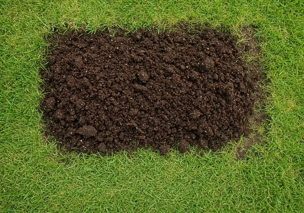 Illustrates soil amendment: A view of dark, rich compost being lightly spread (topdressed) over an aerated lawn, showing the contrast with the green grass and highlighting soil improvement.