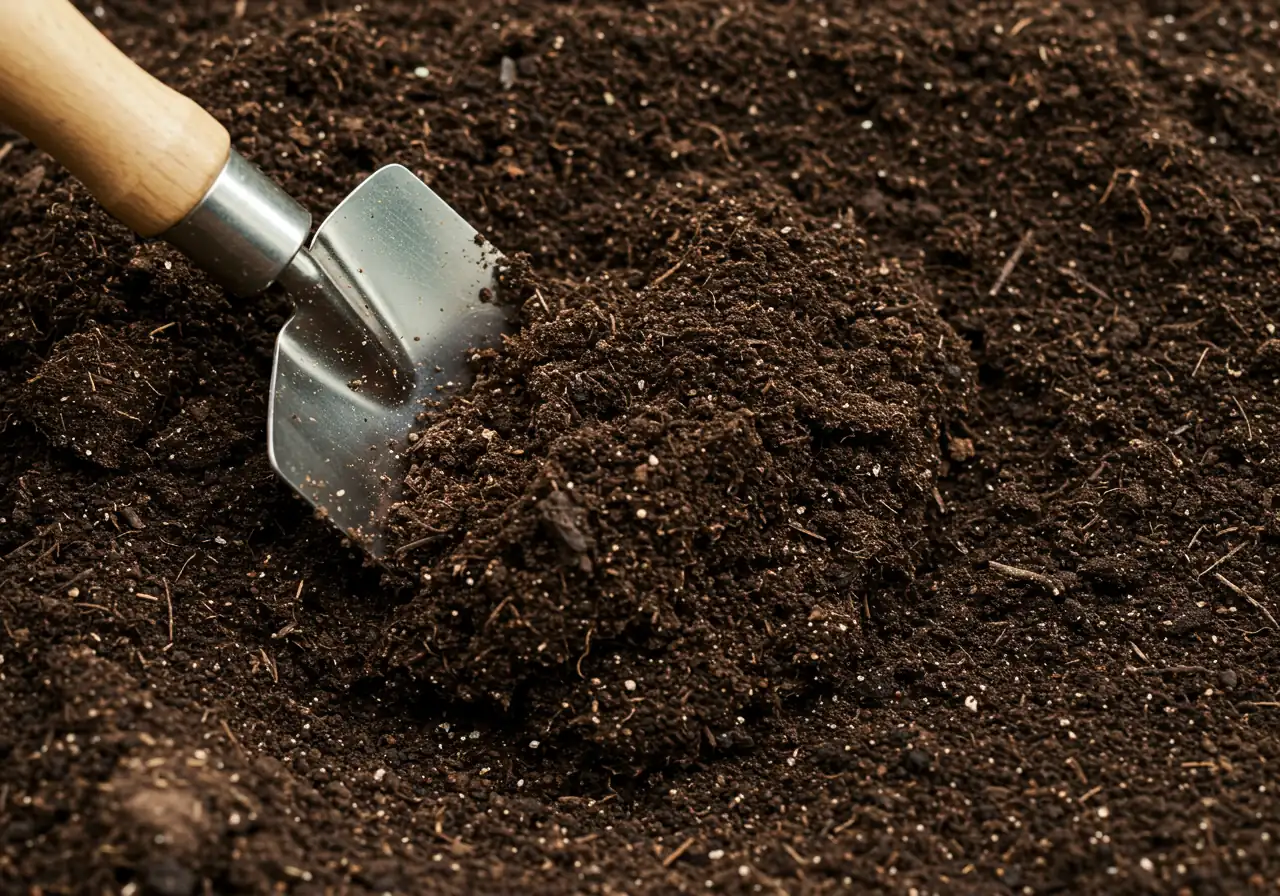 An overhead photograph showing dark, rich compost being lightly mixed into the top layer of lighter-colored garden soil. The image should emphasize the contrast in texture and color, illustrating soil improvement. A small metal hand trowel tip could be visible partially buried in the soil, but no hands.