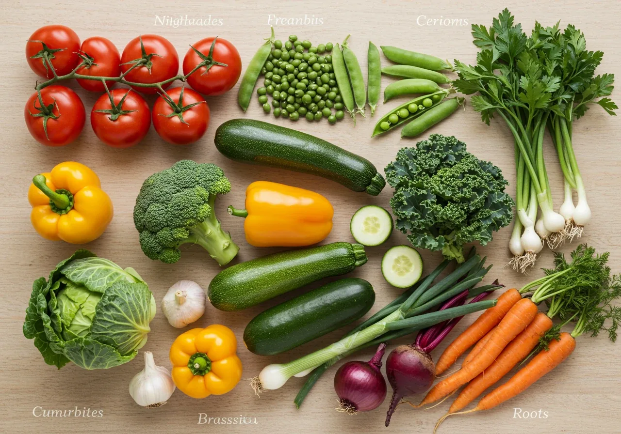 A vibrant, top-down flat lay photograph showcasing distinct groupings of fresh, harvested vegetables. Each group represents a different plant family discussed (e.g., tomatoes/peppers, beans/peas, broccoli/cabbage, zucchini/cucumber, onions/garlic, carrots/beets). The arrangement should be clean and visually appealing on a neutral background like weathered wood.