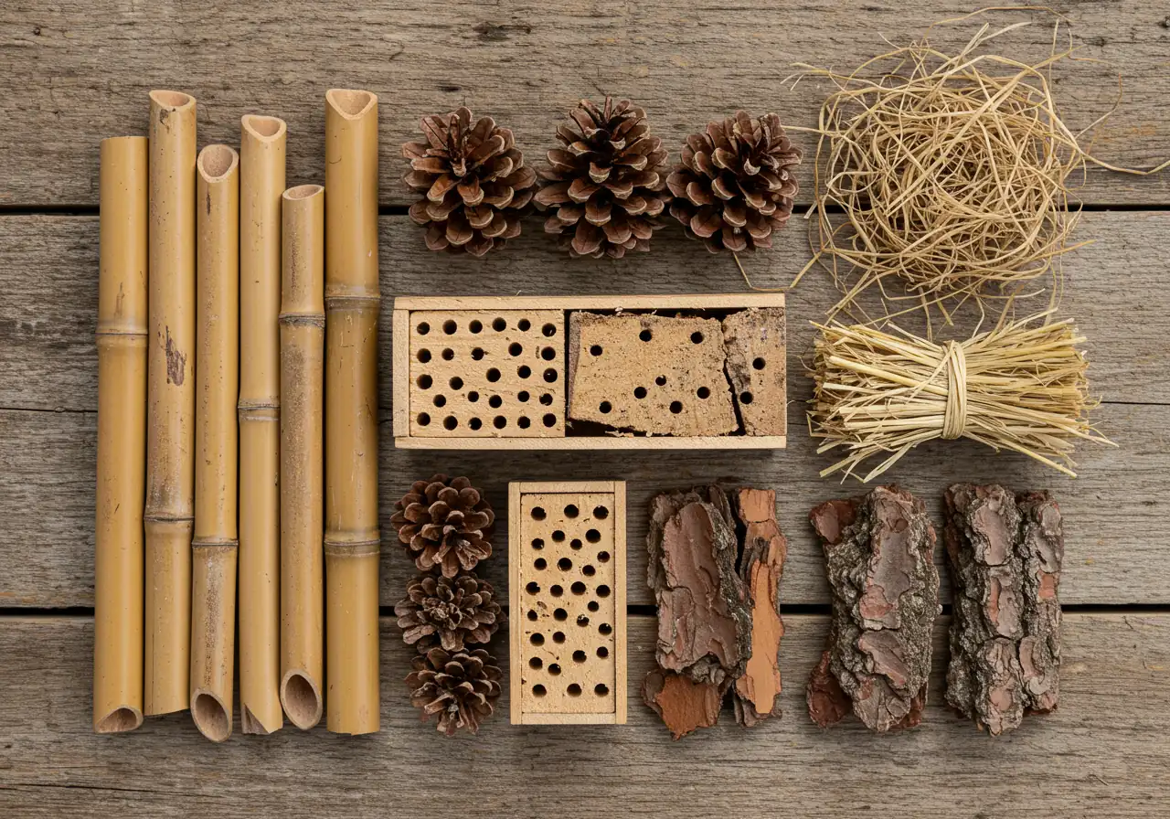 An overhead or flat-lay view of the various natural, untreated materials recommended for filling the insect hotel compartments, neatly arranged. This would visually support the 'Fillings (The Good Stuff!)' list.