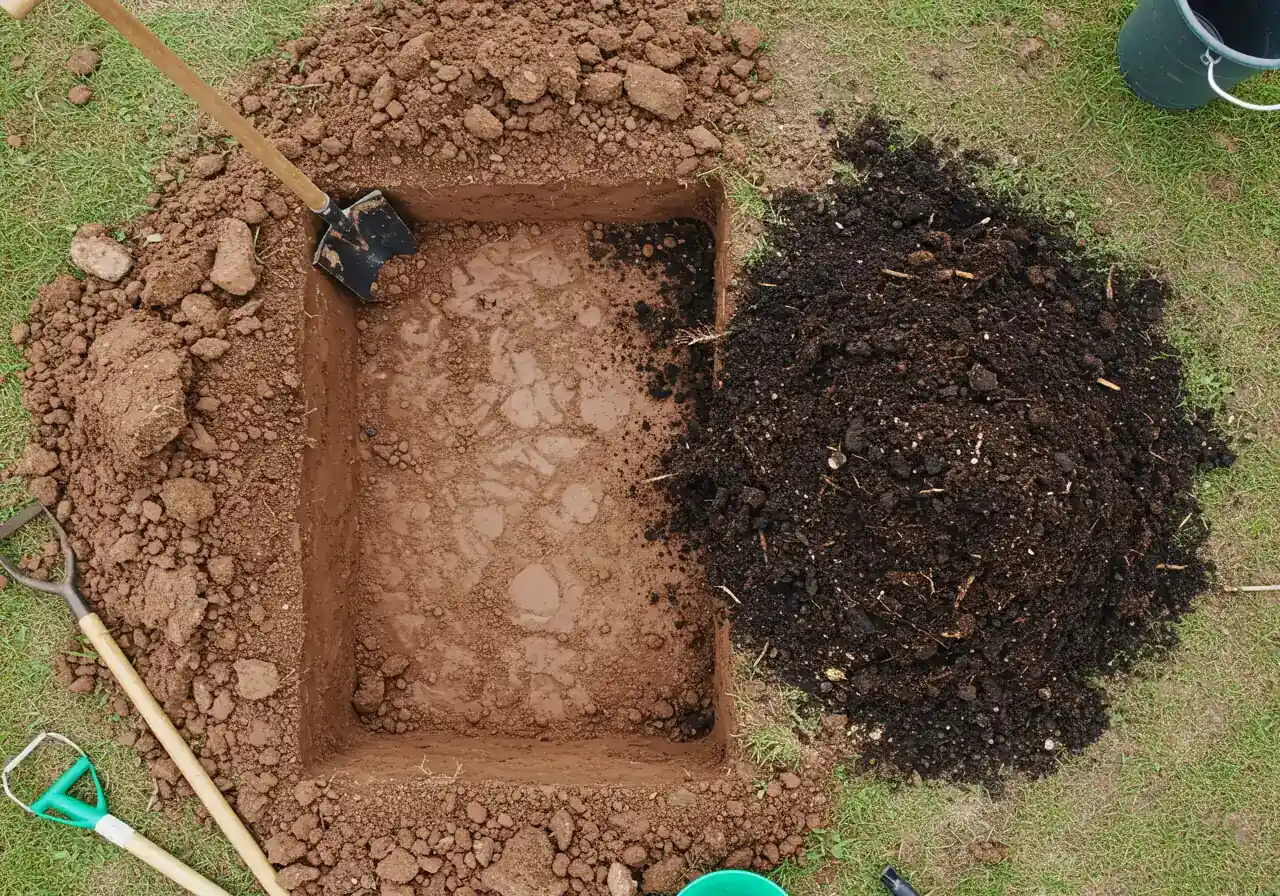 An illustrative photograph showing the process of soil amendment for planting in clay. This could be a top-down view into a wide planting hole, clearly showing the contrast between the dense, lighter-colored native clay soil at the edges and the dark, crumbly, rich compost amendment being mixed into the backfill soil piled beside the hole.