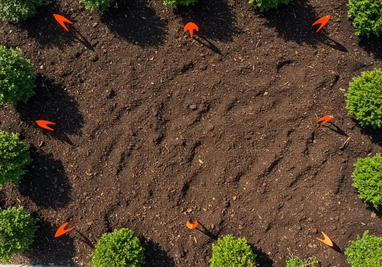 An image demonstrating the concept of visualizing mature plant size before planting. It could show a prepared garden bed with dark mulch where several small, brightly coloured marker flags or overturned empty nursery pots are placed far apart, representing the centers and estimated mature spread of future plants. This visually emphasizes the initial 'emptiness' required for proper spacing.