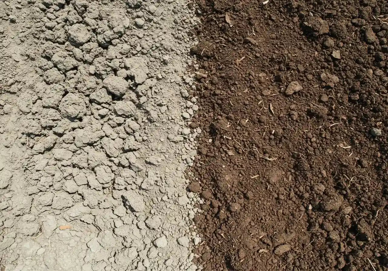 An illustrative image showing the contrast between unimproved heavy clay soil and soil amended with rich, dark compost. One side shows dense, pale clay clods, while the other shows dark, crumbly, improved soil structure, visually representing the benefits of adding organic matter.