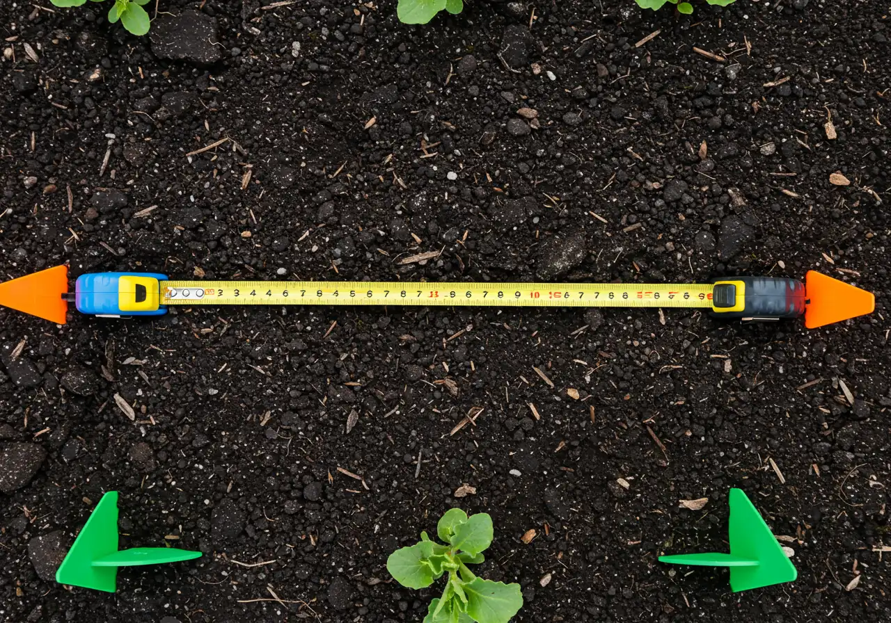 Visualize the practical application of information found on plant tags (mature size/spacing). An overhead view of a prepared garden bed with dark, rich soil. A bright yellow tape measure is stretched across the soil between two small marker flags or stakes, indicating the act of measuring out the correct spacing distance before planting.