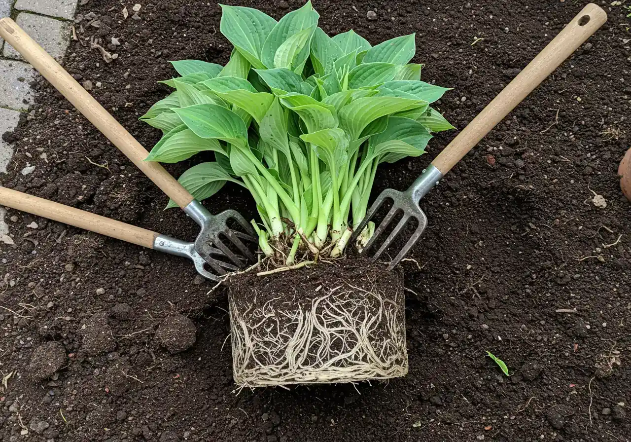 An overhead or slightly angled photograph of a large, mature perennial clump (like a Hosta or Daylily) that has been lifted from the ground and carefully divided into several smaller sections. The image should clearly show the dense root structure and multiple healthy crowns, resting on soil or a tarp, ready for replanting or sharing.