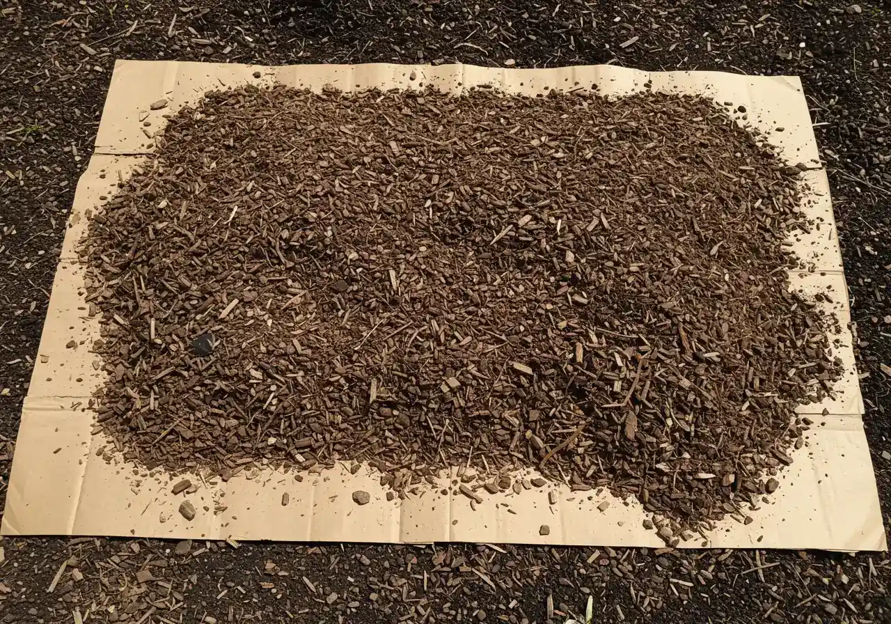 An overhead or slightly angled photograph showing a patch of garden ground completely covered by overlapping layers of plain brown cardboard, topped with a thick, even layer of dark wood chip mulch. This illustrates the 'smothering' technique effectively, showing complete coverage to block sunlight.