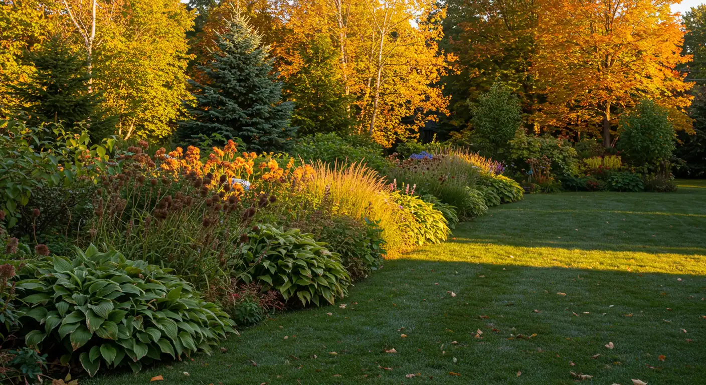 A tranquil autumn garden scene in the Kars/Ottawa area. Show colourful fall foliage on trees bordering a neat residential garden bed where some perennials are starting to fade. The lighting should suggest the calm, reflective mood of fall, contrasting with the 'spring frenzy' mentioned. Perhaps include a hint of the Rideau River landscape if possible without making it the main focus.