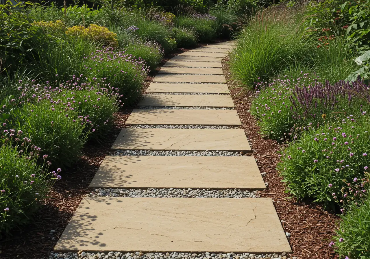 An inviting photograph of a wide (approximately 4 feet) stone or paver walkway winding through a garden area. Border plants (like ornamental grasses or flowering perennials) are situated far enough back from the path edges to ensure the walkway remains completely unobstructed and comfortable for passage.