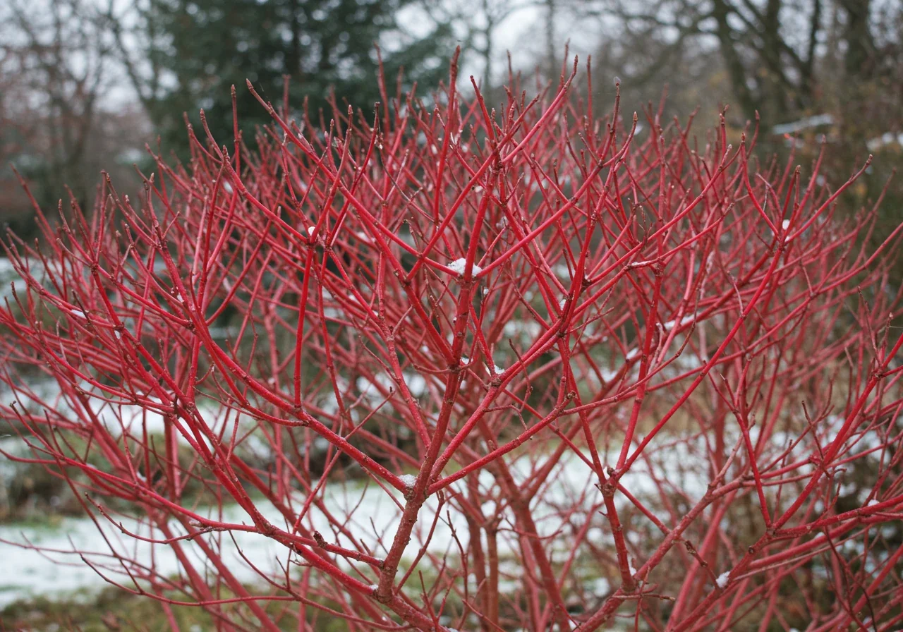 A vibrant photograph showcasing a specific example of a hardy shrub recommended for the region, like the Red Osier Dogwood. The image should focus on the shrub in late autumn or early winter, highlighting its bright red stems against a muted, dormant garden background, perhaps with a light dusting of snow.