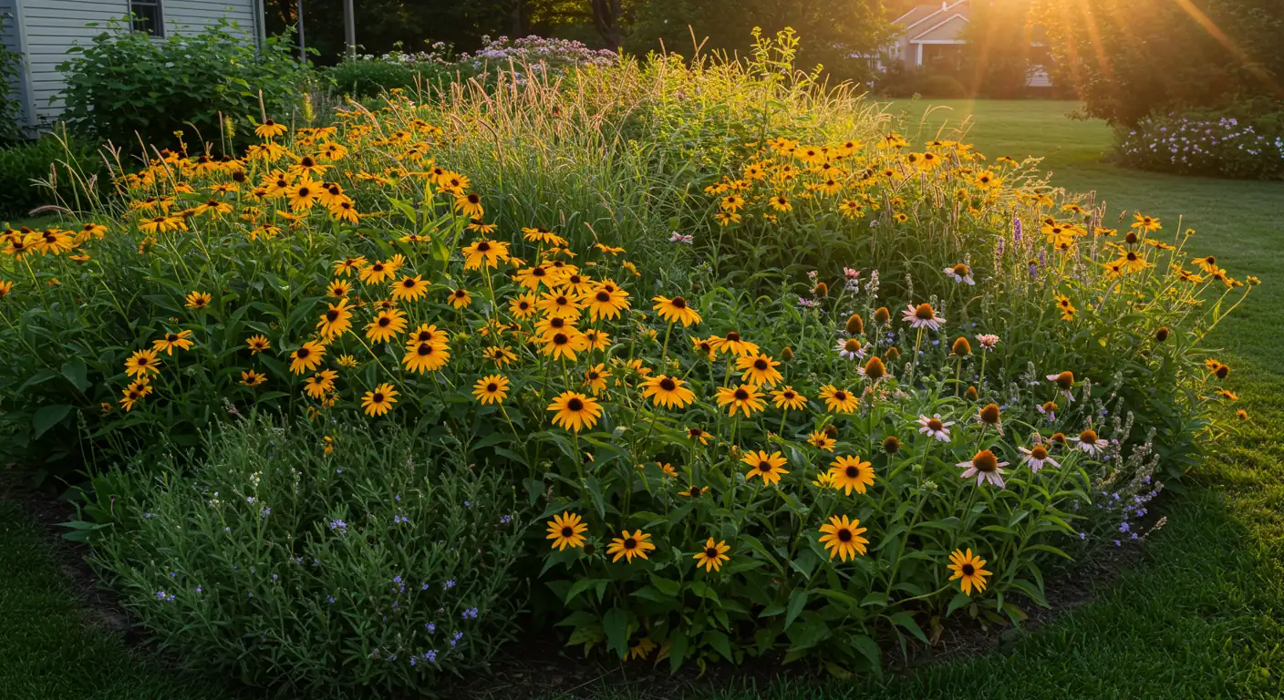 An inviting photograph showing a section of a beautiful, thriving residential garden featuring a diverse mix of native flowering plants and grasses. It demonstrates layers of planting (different heights and textures) and conveys lushness and biodiversity. The scene looks natural yet intentionally designed, showcasing the aesthetic appeal of using native plants in landscaping. Warm, inviting light, perhaps early morning or late afternoon.