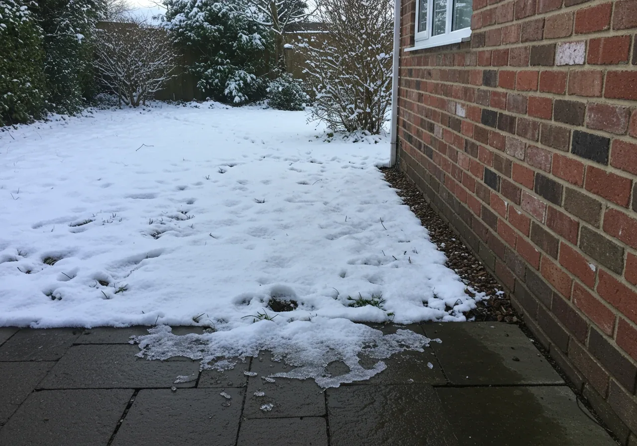 A visual example of a microclimate effect in winter. The image should show snow melting faster near the warm foundation of a house compared to deeper snow cover further out in the garden bed under a clear winter sky.