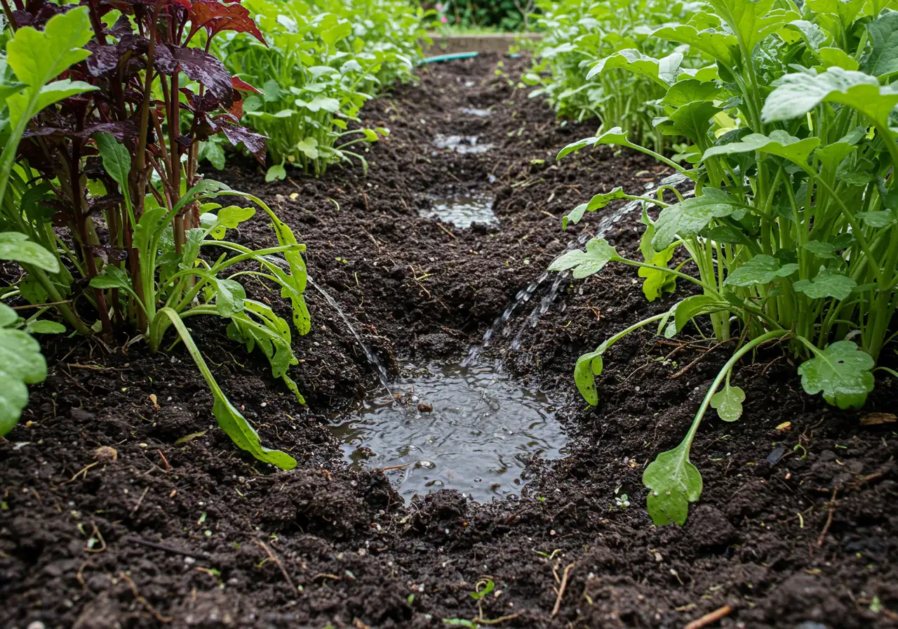 An image depicting the process of flushing soil: water from an unseen source (implying a hose or heavy rain) is shown deeply soaking into dark garden soil around the base of slightly wilted, but living, garden plants. The emphasis is on saturated soil, demonstrating deep watering, without showing pooling or runoff.