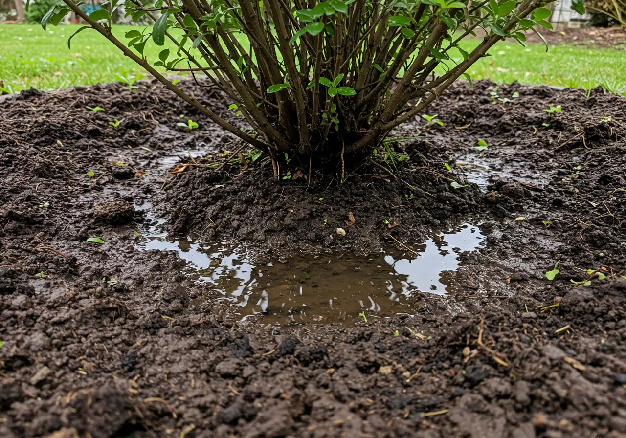A photograph illustrating poor soil drainage around the base of a garden shrub. The image should show dark, wet, potentially compacted soil with small visible puddles or a sheen of surface water near the plant's stems after a recent rain. The surrounding soil might look dense or clay-like. Focus is on the waterlogged condition at ground level.