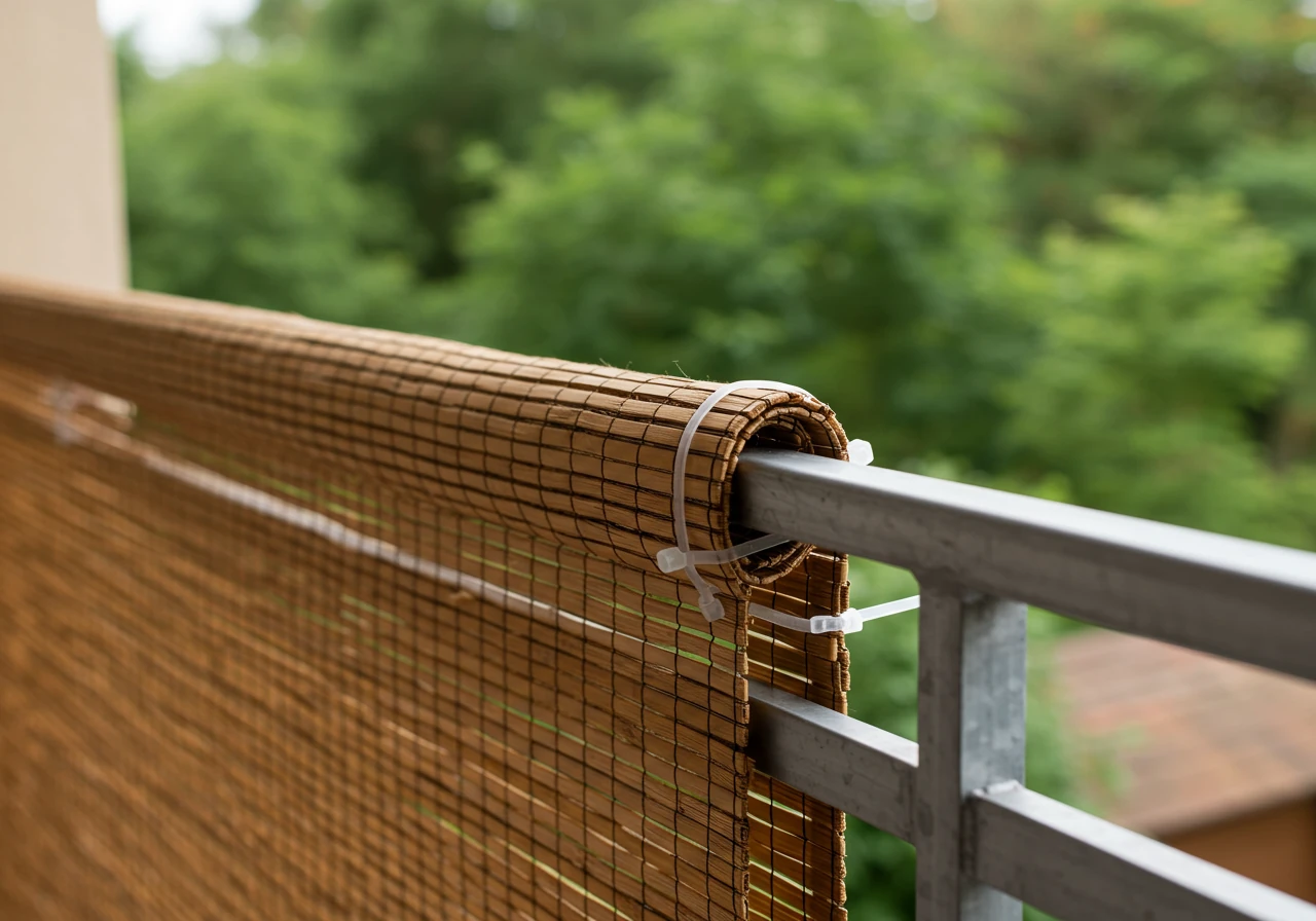 An image showing a practical windbreak solution implemented on a balcony. Focus on a section of balcony railing with a natural reed or bamboo screen neatly and securely attached to the inside. Behind the screen, blurred shapes of plants can suggest the protection offered. The emphasis is on the screening material and its attachment.