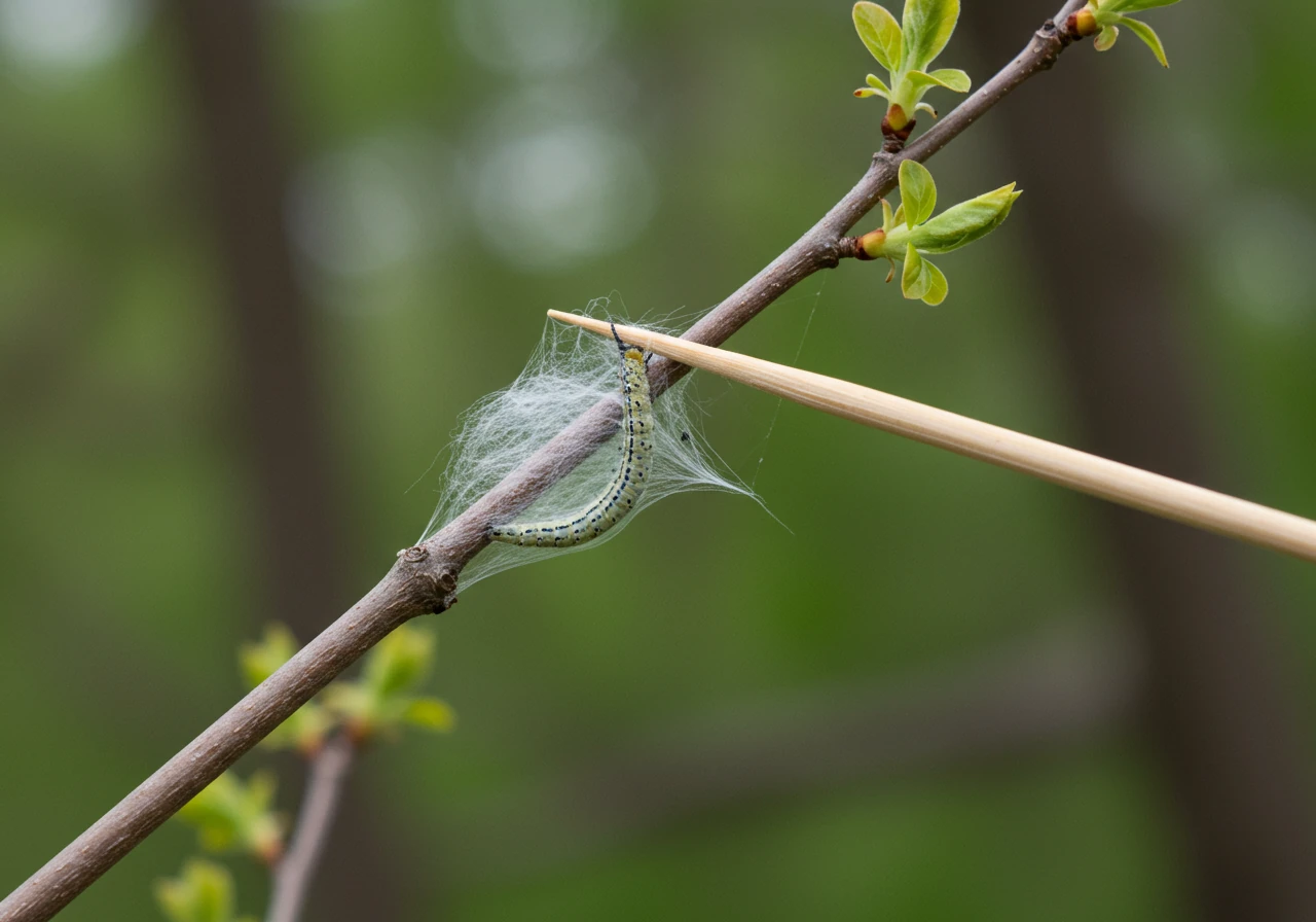 An action-implied image showing the end of a plain wooden stick or pole carefully twisted into a small Eastern Tent Caterpillar silk tent located on a tree branch. The image should convey the beginning of the physical removal process without showing any hands, focusing on the interaction between the stick and the silk tent.