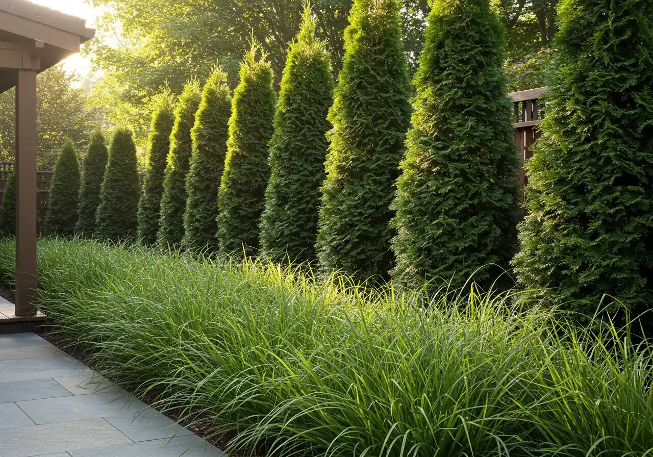 A view focusing on a layered planting creating a natural privacy screen adjacent to a garden seating area (only the edge of an empty patio chair or bench might be subtly visible). The image prominently features a mix of tall, upright evergreen shrubs (like Emerald Cedars or Hicks Yews) providing year-round structure, combined with tall, feathery ornamental grasses (like Feather Reed Grass) adding texture and seasonal interest. Sunlight filters through the plants, highlighting their different forms and textures. No people are visible.