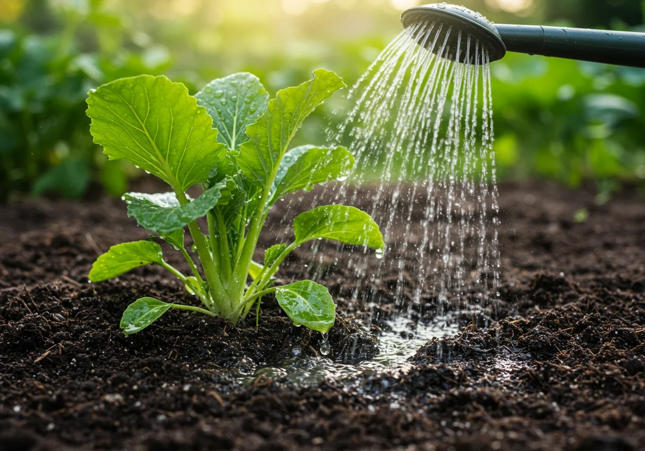 An image demonstrating a key preventative measure mentioned in the text, such as proper watering technique. This could show a hand holding a watering wand or a soaker hose delivering water directly to the soil level at the base of a garden plant, specifically avoiding wetting the leaves. Morning light would be ideal.