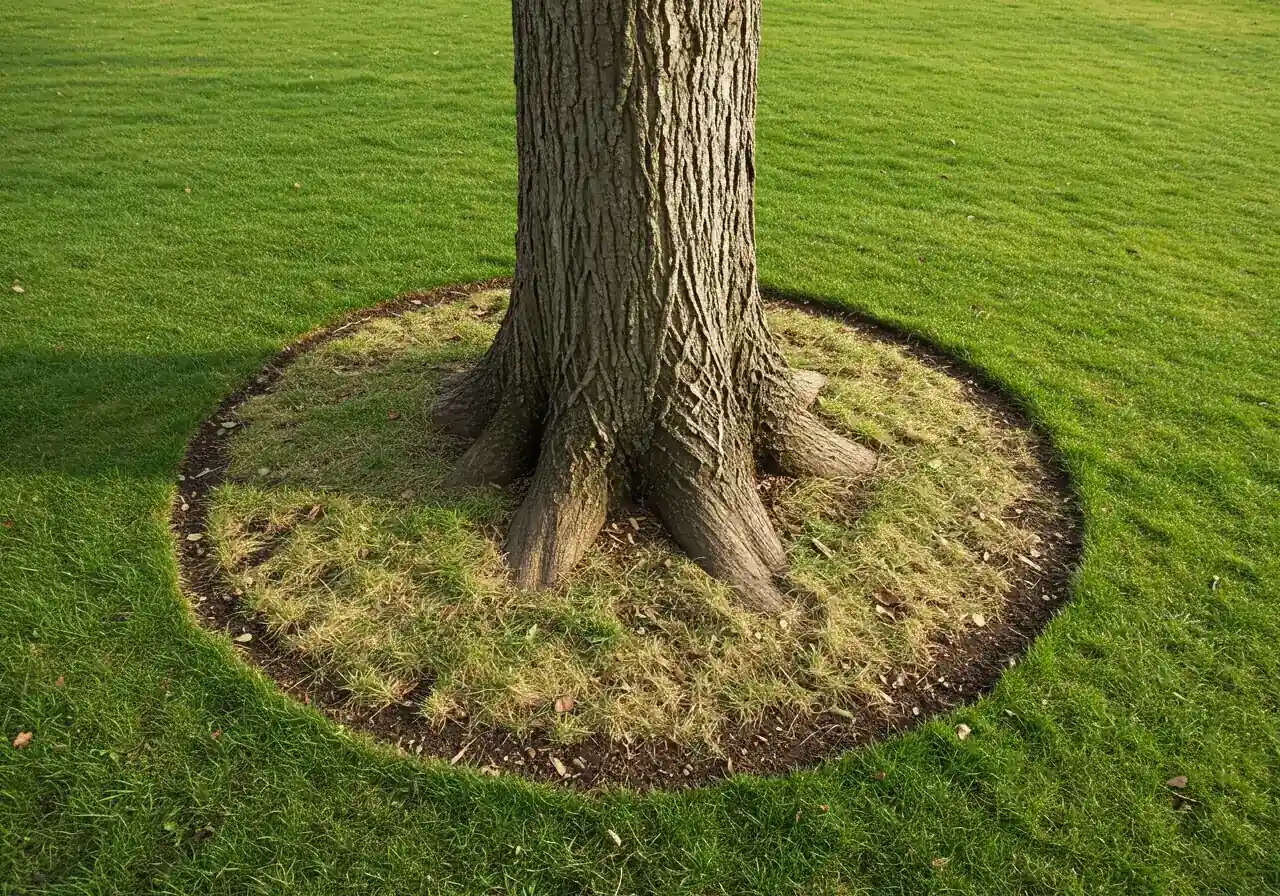 An image depicting the 'mysterious dead zone' often found around allelopathic trees. It shows the base of a large tree trunk surrounded by a noticeable ring of bare soil or sparse, struggling grass, sharply contrasting with the healthier lawn further away.