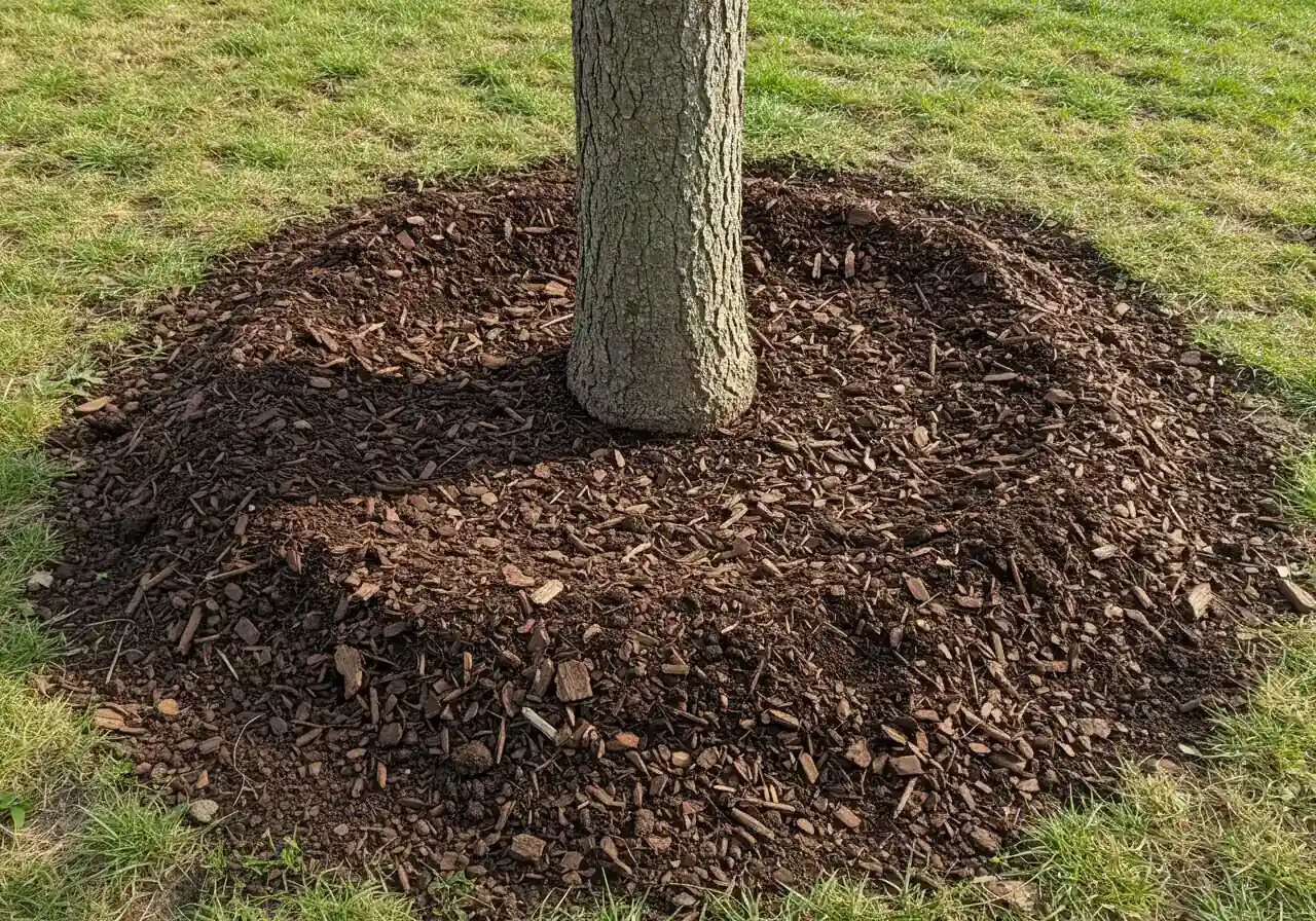 A photograph showing the base of a young deciduous tree trunk surrounded by a perfect circle of dark organic mulch (like wood chips). The key detail is showing the mulch pulled back slightly from the immediate base of the trunk, creating a small mulch-free gap around the trunk flare, illustrating proper mulching technique.