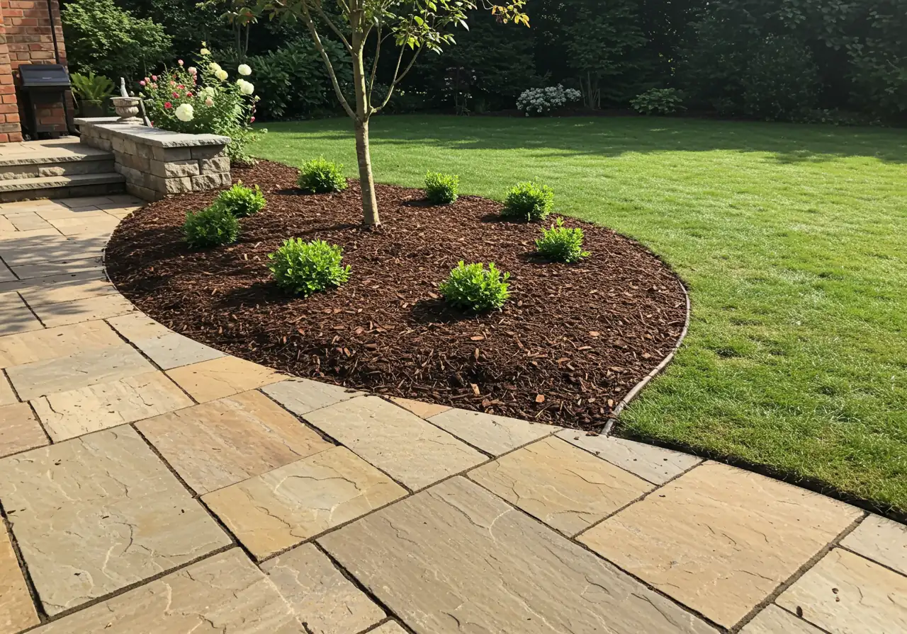 A visually appealing shot of a well-designed landscape feature. A garden bed edge with a graceful, sweeping curve integrates smoothly with the corner of a natural stone patio or walkway. The bed is neatly filled with dark wood mulch. The clean, defined edge between the lawn, the bed, and the hardscaping is emphasized. Soft, natural lighting, perhaps early morning or late afternoon.