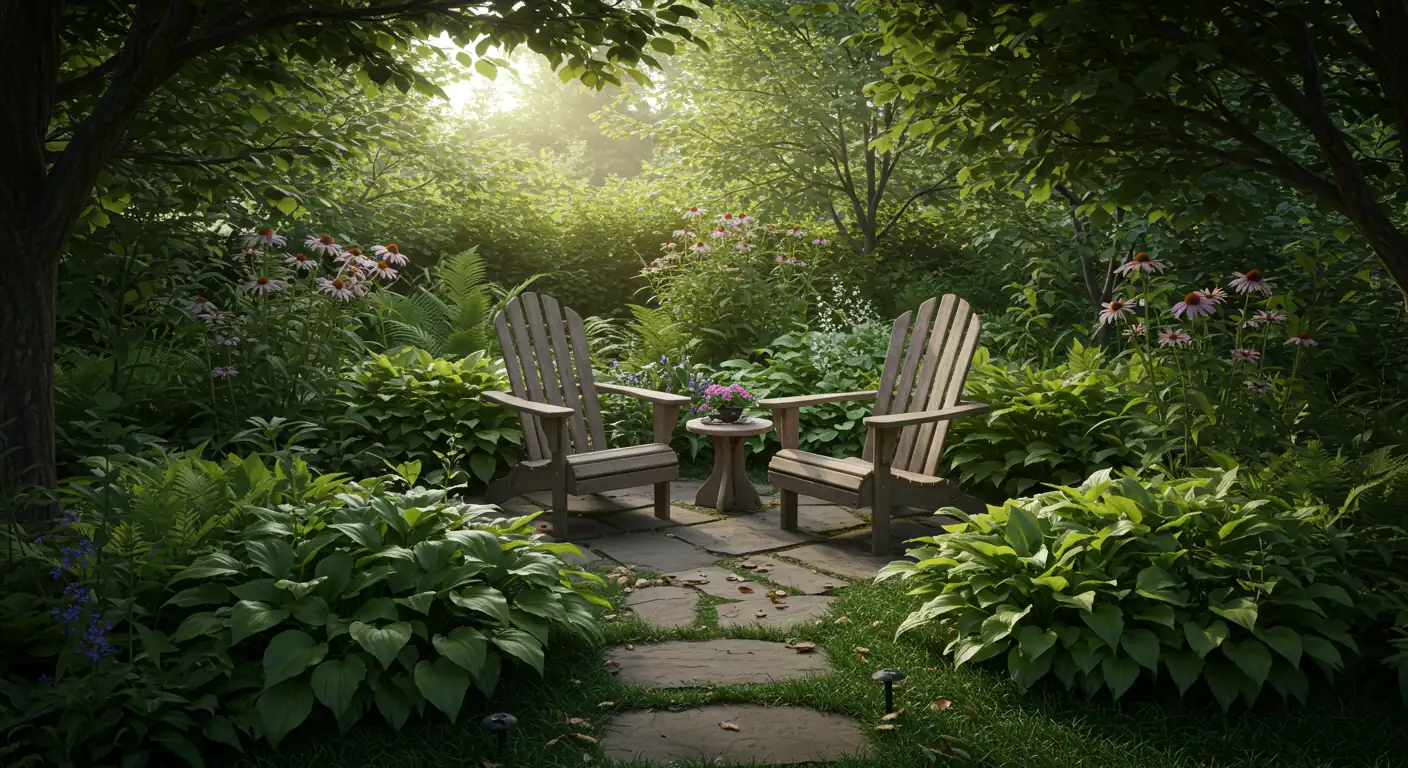A beautifully inviting, empty garden seating nook nestled amongst lush green foliage and colourful flowers typical of the Ottawa region (e.g., hostas, perhaps some early summer perennials like echinacea or rudbeckia). The furniture (simple wooden Adirondack chairs or a small metal bistro set) is empty, placed on a simple flagstone or gravel base, suggesting a peaceful escape awaiting someone. Morning or soft afternoon light filters through the leaves overhead. No people are visible, emphasizing tranquility and potential.