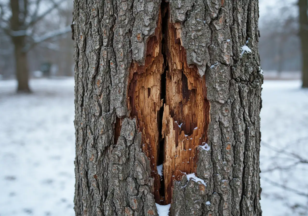 A clear photograph focusing on a significant vertical frost crack running up a tree trunk. The image should clearly show the split in the bark, perhaps revealing the lighter wood underneath, visually representing the type of winter damage common in Ottawa.