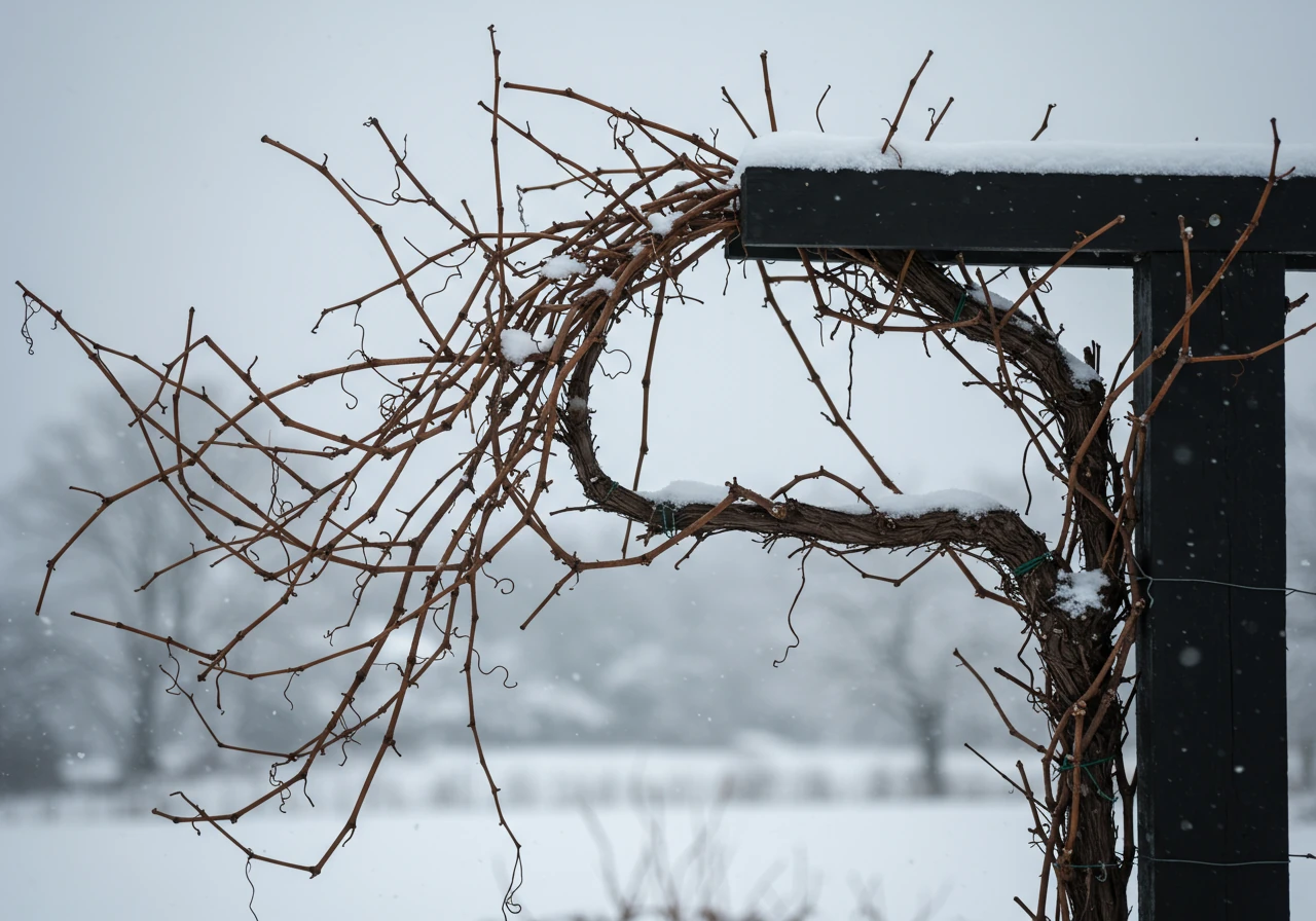 An evocative image of a dormant, well-pruned vine (like wisteria or grape) trained onto a sturdy wooden arbour or trellis. The structure is dusted with light snow, highlighting the intricate, bare branches against a soft, slightly overcast winter sky, emphasizing winter interest.