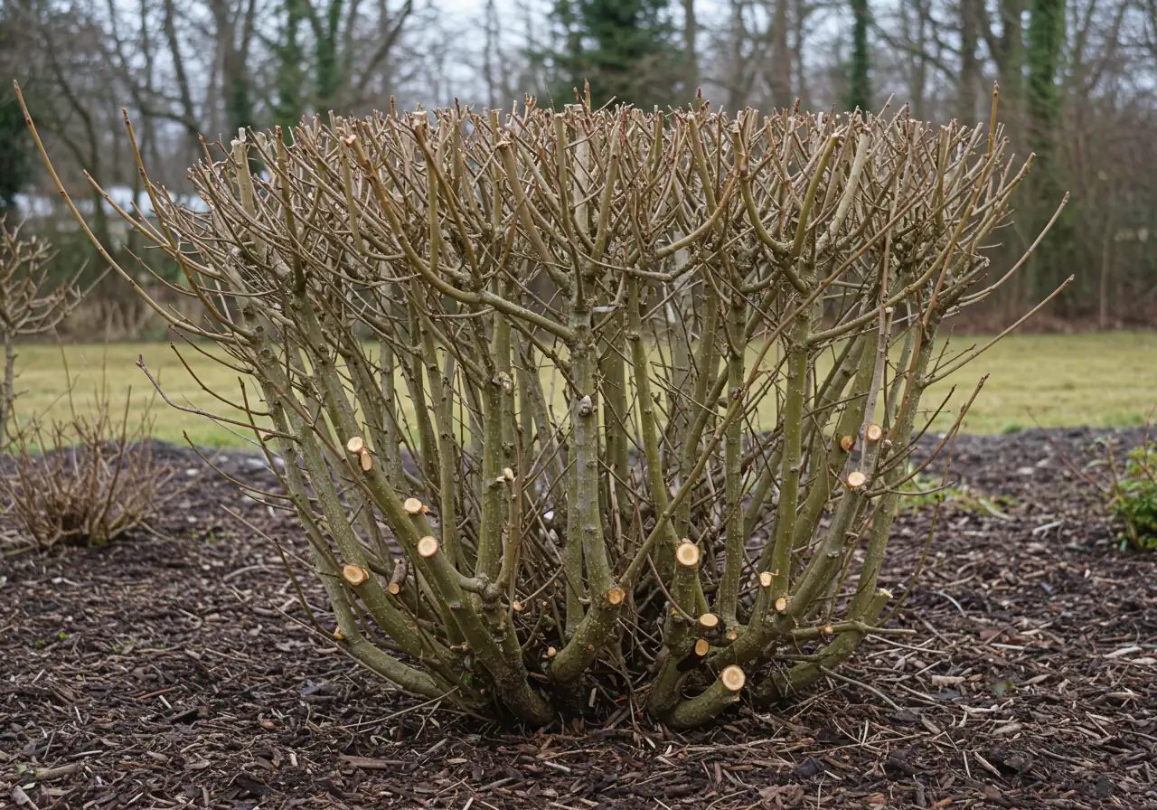 An image illustrating the immediate result of the 'Hard Pruning' method. It shows a dormant deciduous shrub cut back drastically, leaving only short stumps (6-12 inches) emerging from the ground. The surrounding ground should be clean, perhaps with wood chips or mulch, indicating recent work. The focus is on the stark appearance post-pruning.