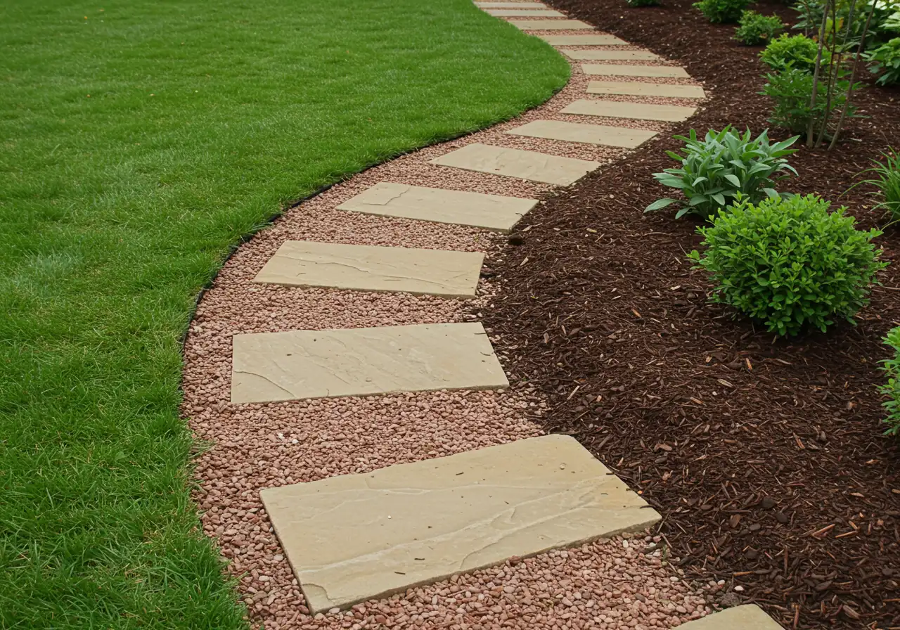 An image illustrating a practical solution for preventing compaction in high-traffic areas. This could be a neatly laid pathway made of stepping stones or natural wood chips winding through a garden or lawn area, clearly directing foot traffic away from vulnerable soil.