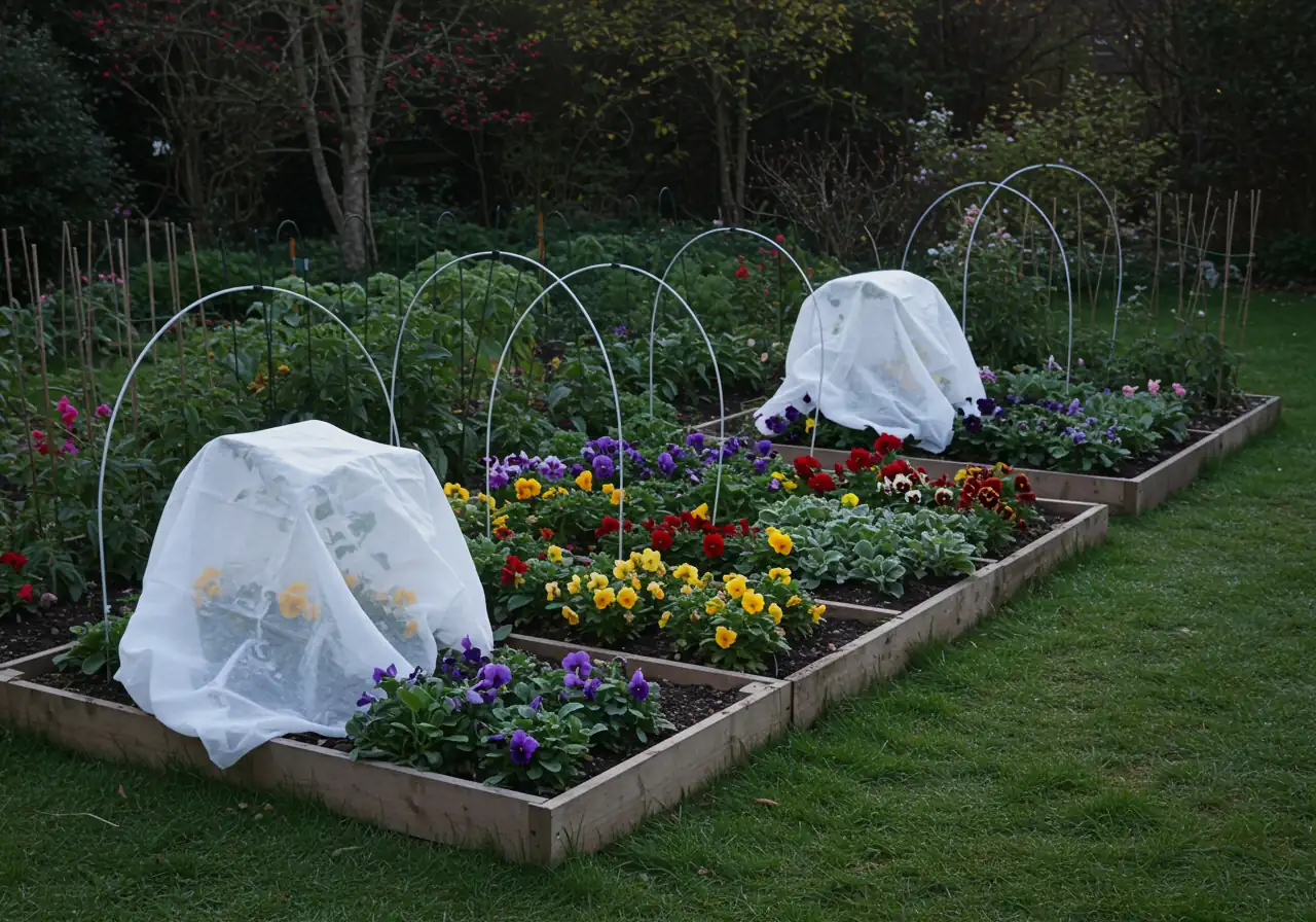 A garden bed containing several sensitive flowering plants (e.g., petunias, marigolds) correctly covered for frost protection overnight. White frost cloth or old bedsheets are draped over hoops or stakes, creating a tent-like structure ensuring the fabric does not touch the plant foliage. Shot in dim pre-dawn or evening light.