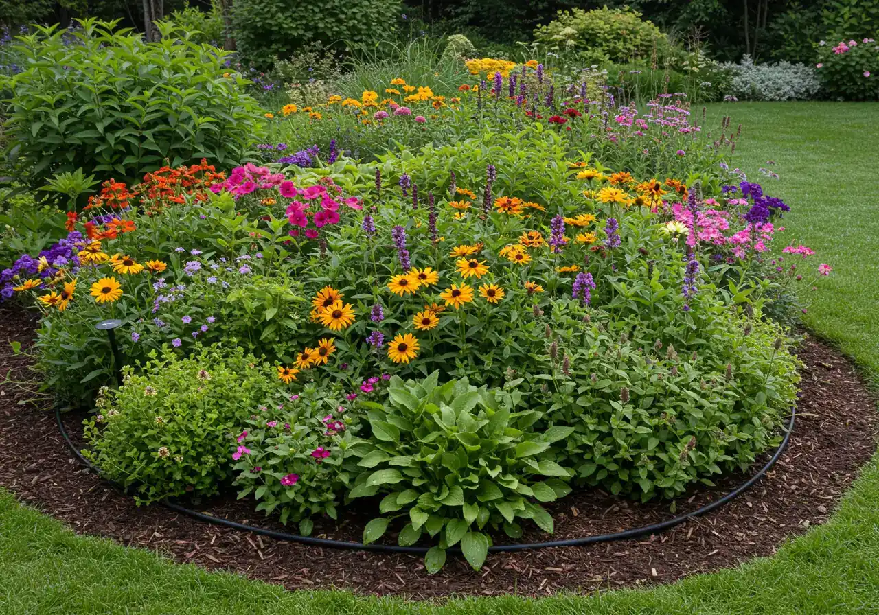 A vibrant, appealing shot of a flourishing garden bed filled with healthy, well-watered plants (mixed flowers and foliage). Subtle hints of the black drip tubing could be visible beneath the plants on the moist soil or mulch, showcasing the positive result of the system.