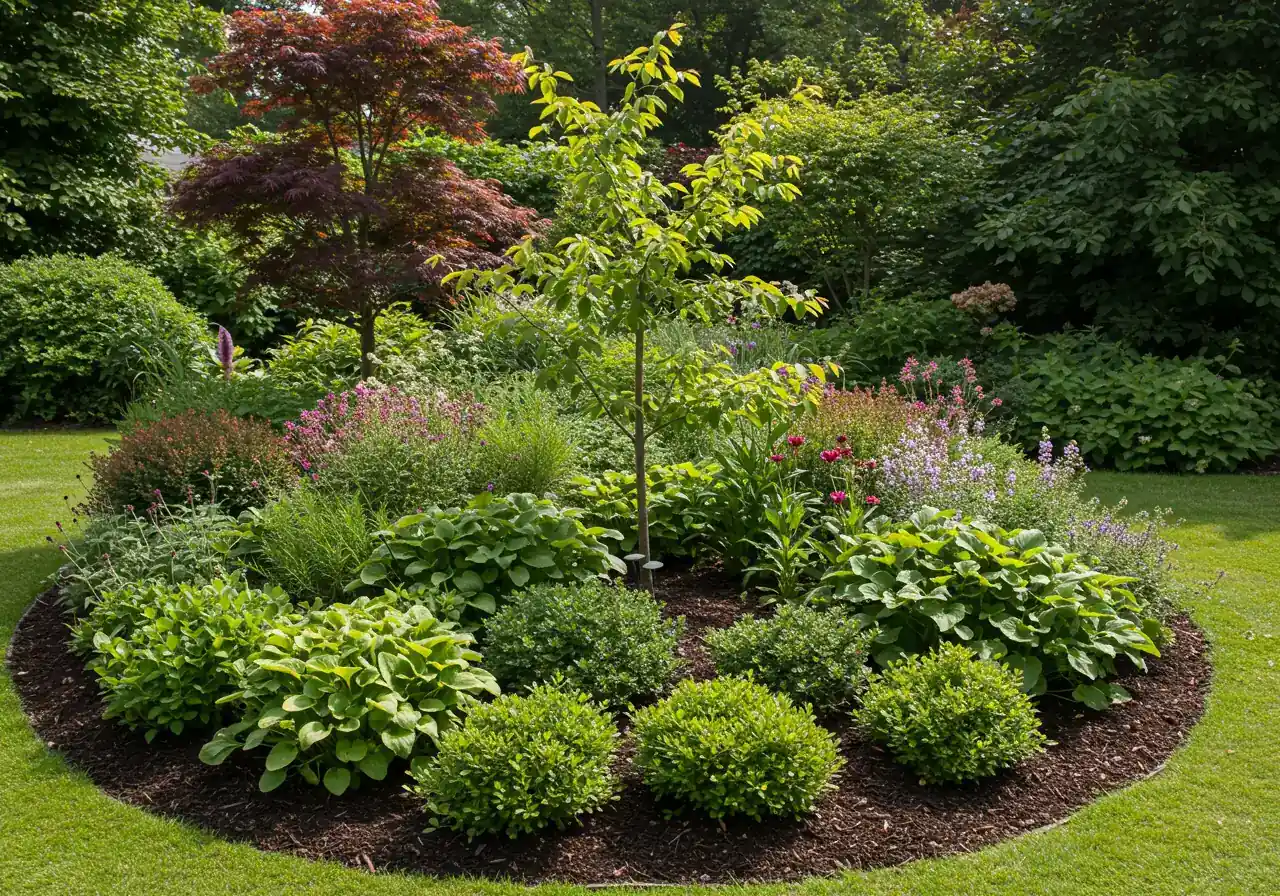 A beautiful photograph showcasing a thriving residential garden bed in the Ottawa region context (implied by healthy growth despite potential challenges). It should feature a mix of healthy trees, shrubs, and perennials, looking lush and well-established, representing the successful outcome of good gardening practices including enhanced soil health.