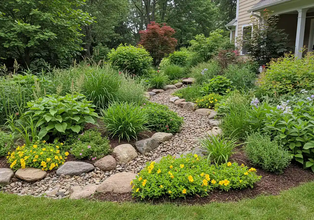 A photograph illustrating a functional and attractive residential rain garden designed to manage stormwater. The image shows a shallow, planted depression filled with a variety of lush, water-tolerant native plants and grasses. Smooth river stones or a small dry creek bed feature made of stones might be visible within or around the depression, indicating its purpose. The garden looks healthy and well-integrated into the landscape.
